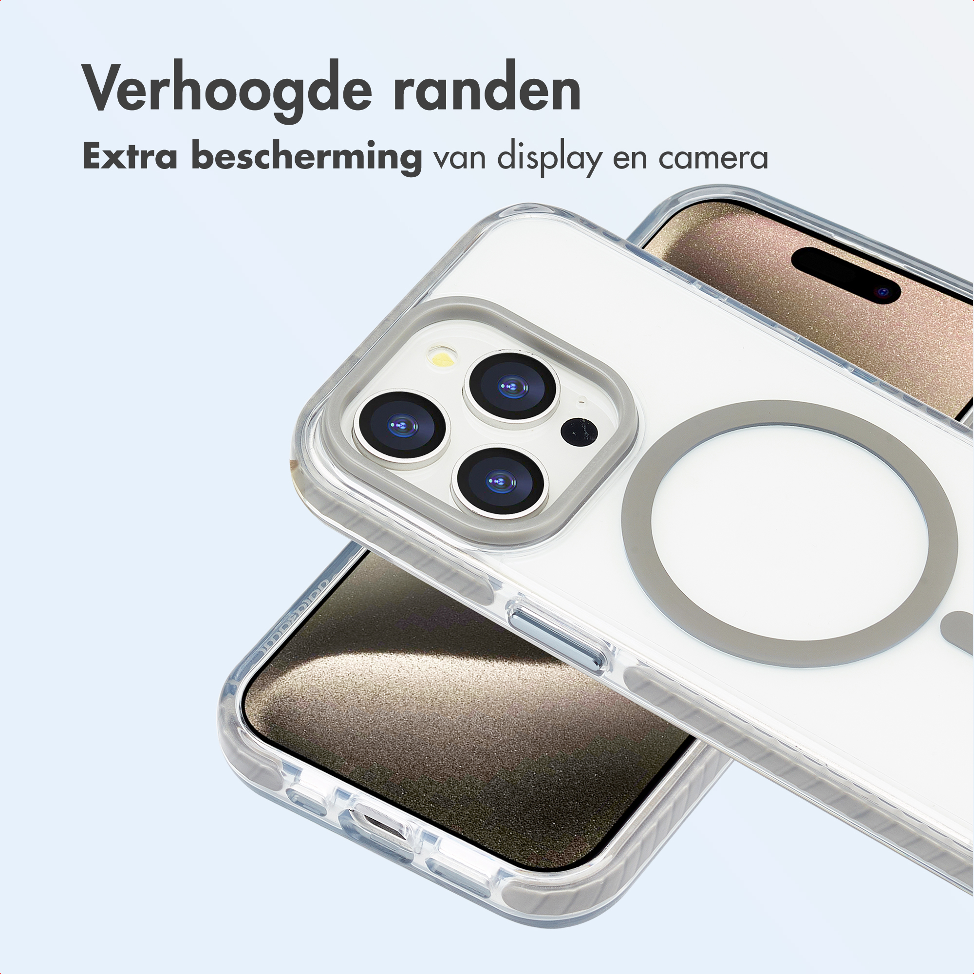 Deux téléphones avec des étuis transparents sont empilés. Texte : 'Bords surélevés, protection supplémentaire de l'écran et de la caméra'.