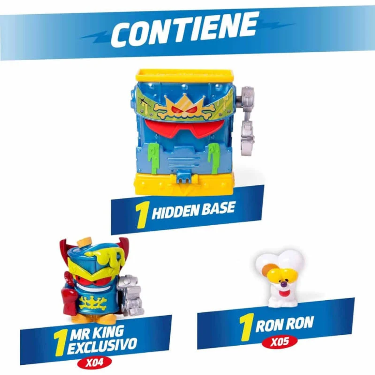 La imagen muestra un juego de juguetes con un contenedor azul, una figura tipo robot y un personaje blanco caricaturesco.