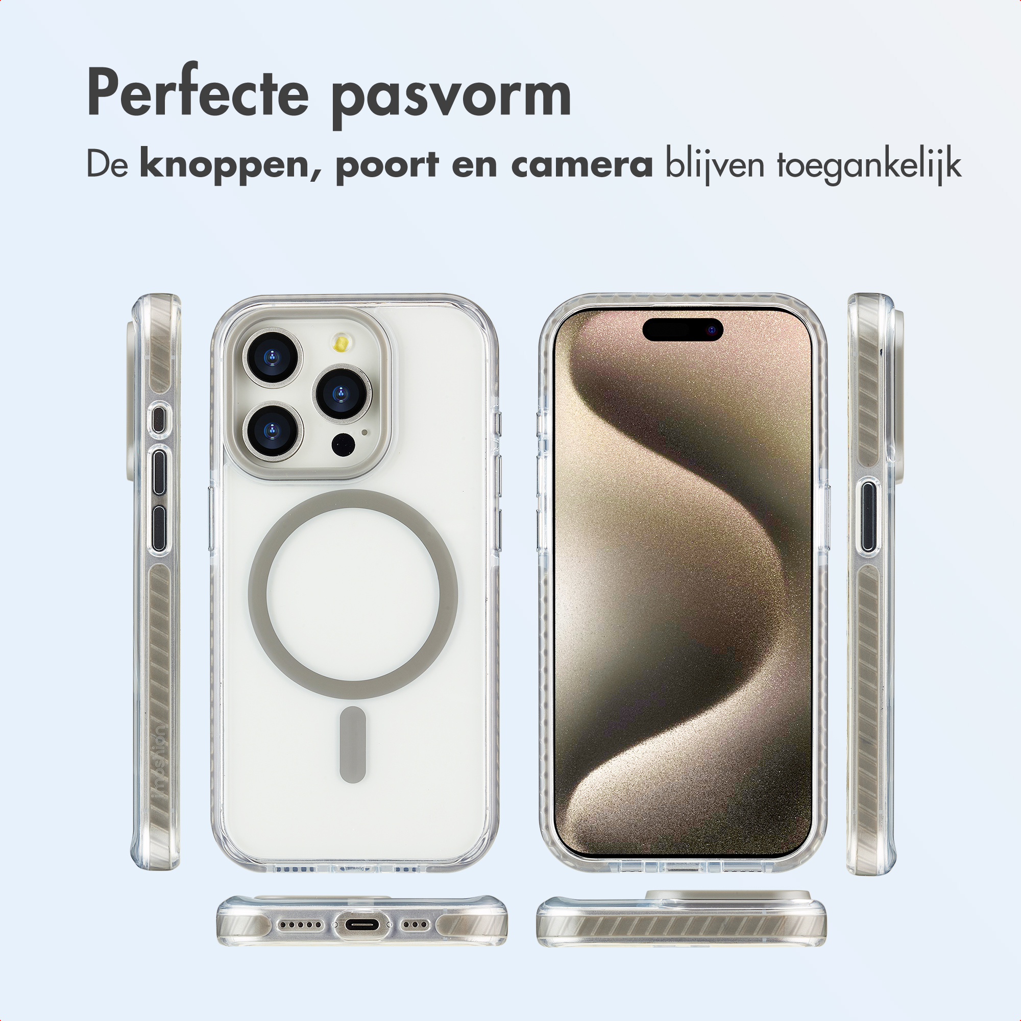 Coque de téléphone transparente, plusieurs vues. Texte: Ajustement parfait. Boutons, port et caméra restent accessibles.