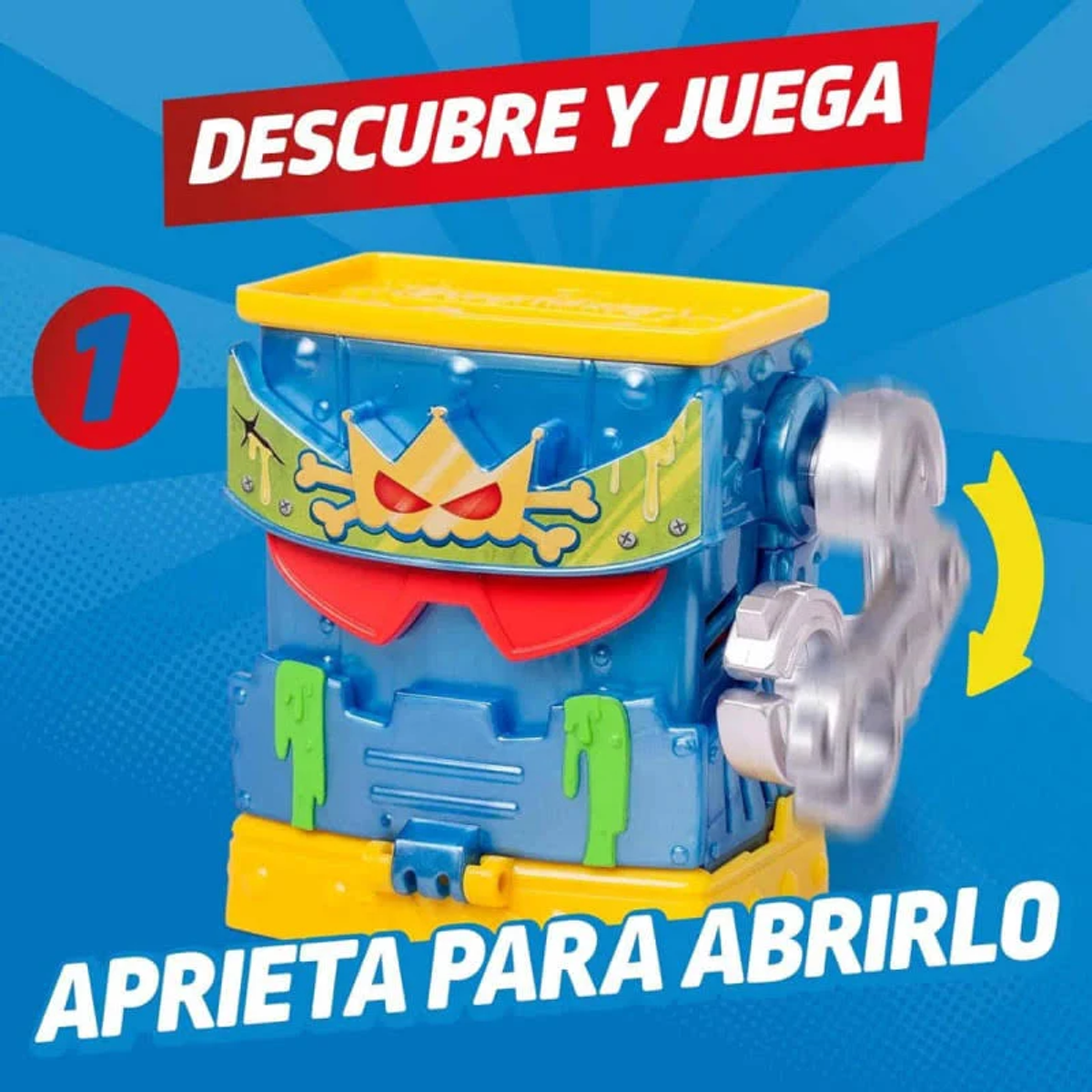Un juguete azul y amarillo con una corona, detalles rojos y un mango plateado, con el texto 'Descubre y Juega' arriba.