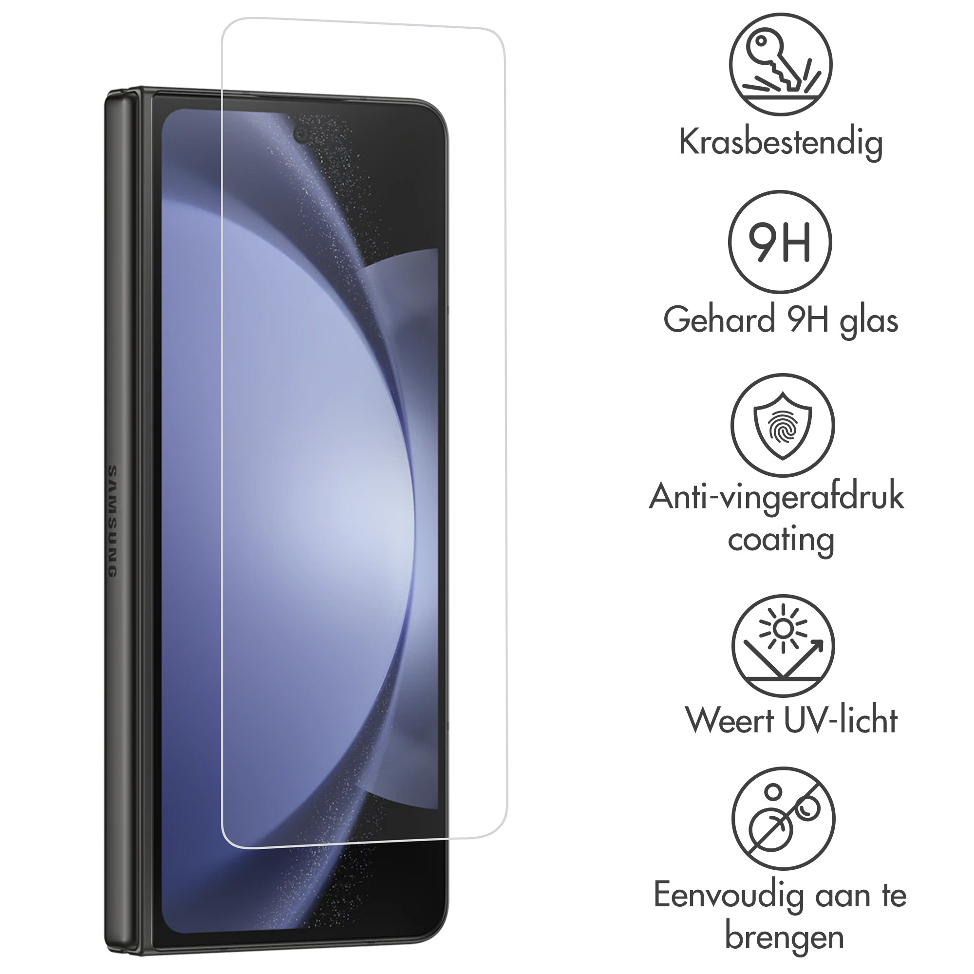 Een telefoon met schermbeschermer. Tekst beschrijft krasbestendigheid, 9H glas, anti-vingerafdruk, UV-lichtbescherming.