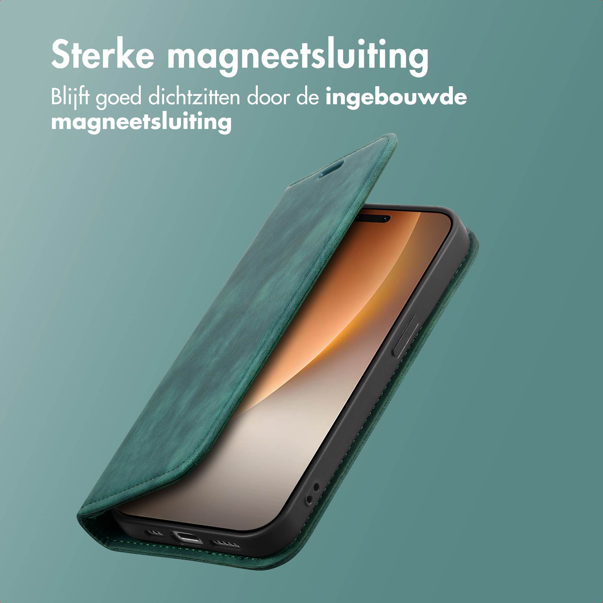 Una custodia verde con chiusura magnetica è aperta, mostrando lo schermo del telefono. Testo sulla funzione sopra.