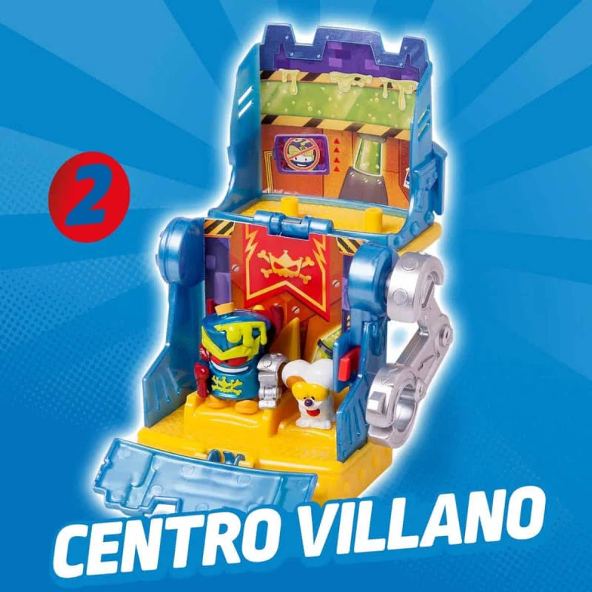 Juego de juguetes con figuras. Predominan los colores azul, amarillo y rojo. Una pancarta tiene una calavera. El texto 'CENTRO VILLANO' es visible.