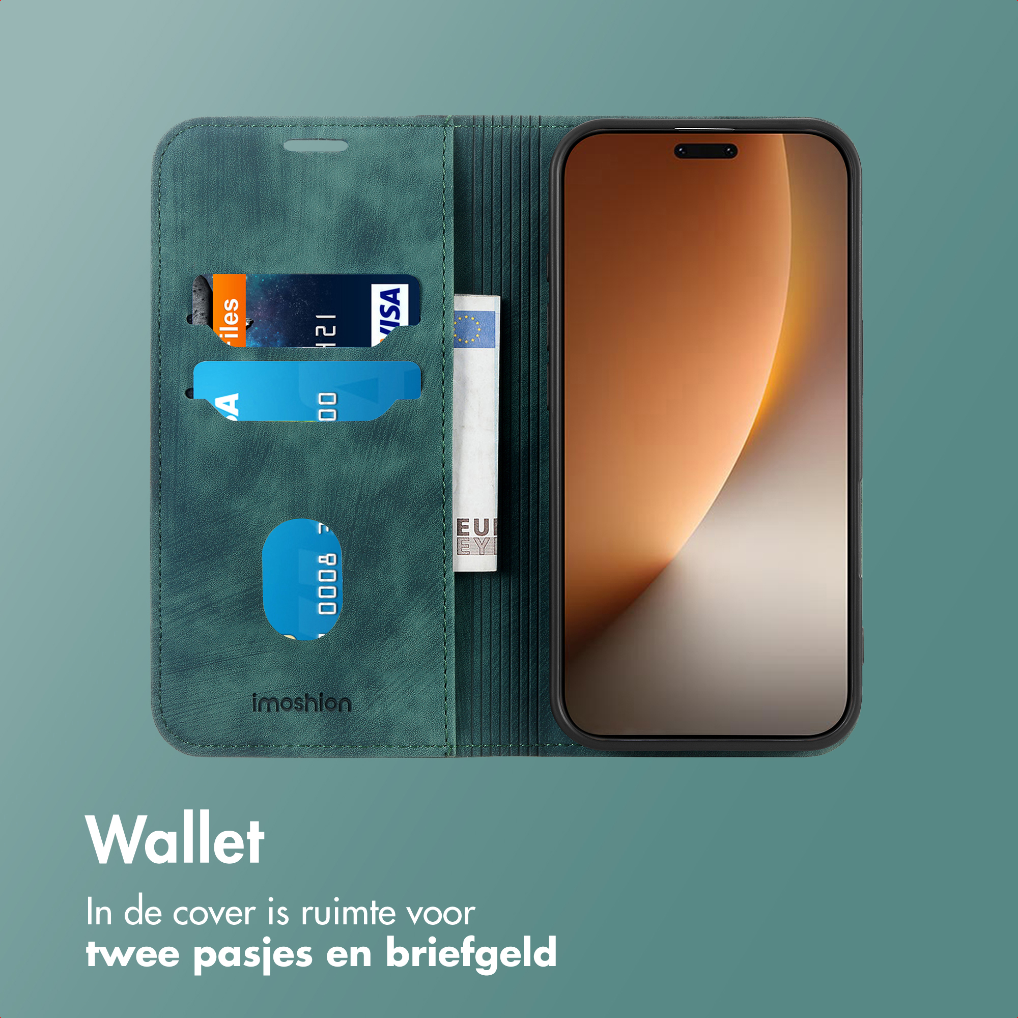 Un portafoglio verde acqua con un telefono dentro. Carte e denaro visibili. Testo: 'Wallet' e 'In de cover...'