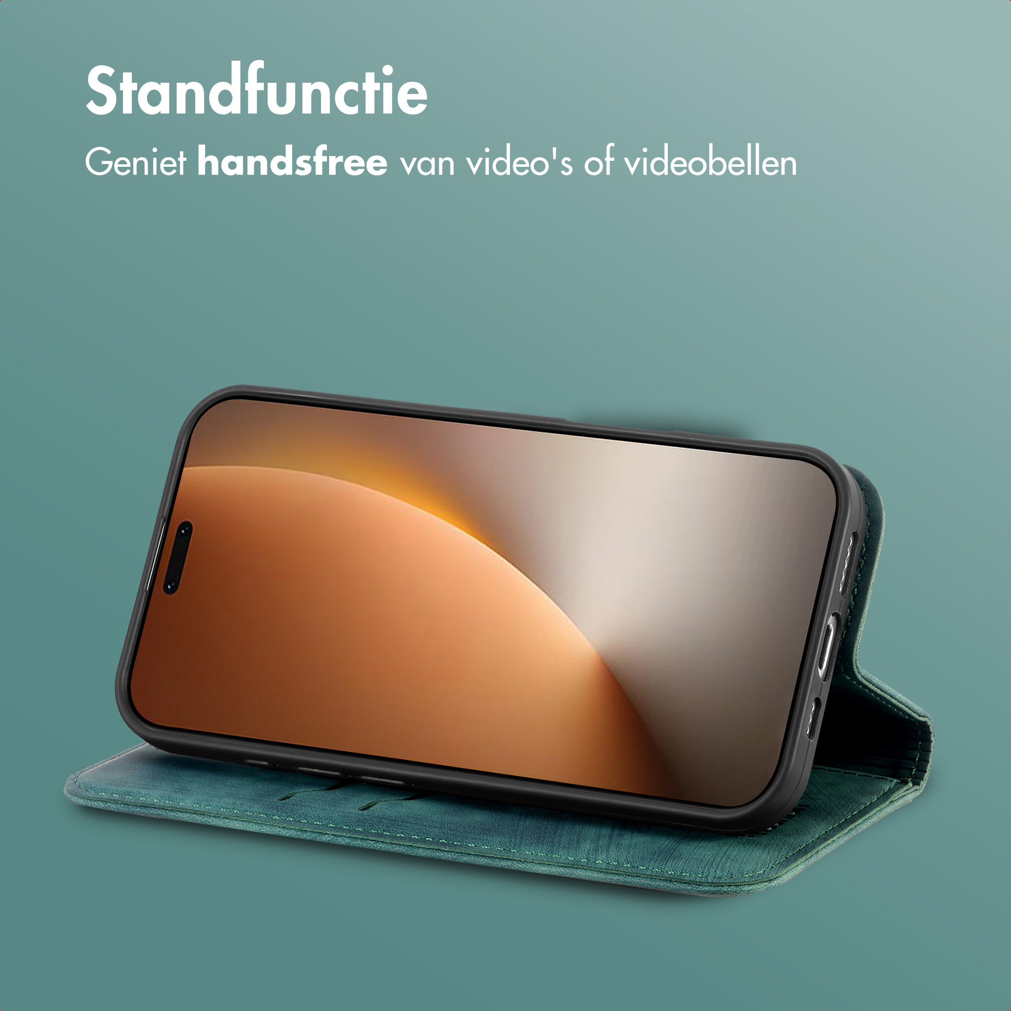 Un telefono in una custodia verde, appoggiato. Lo schermo mostra una sfumatura arancione e marrone. Testo: Standfunctie.