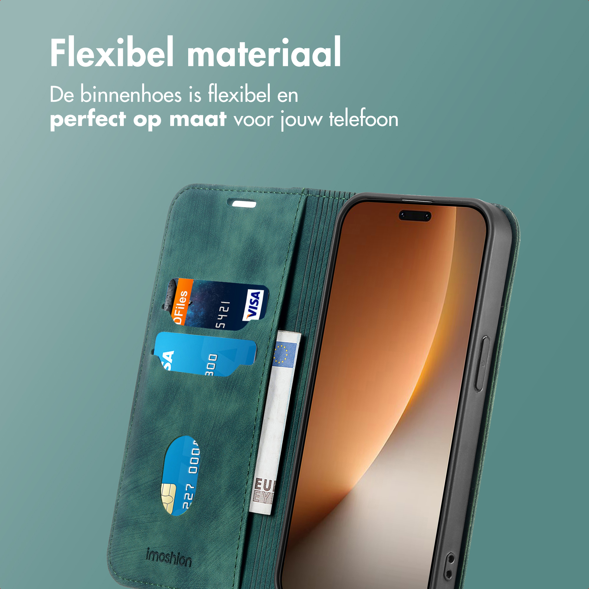 Una custodia verde con telefono. Carte di credito e banconota in euro. Testo in olandese visibile.