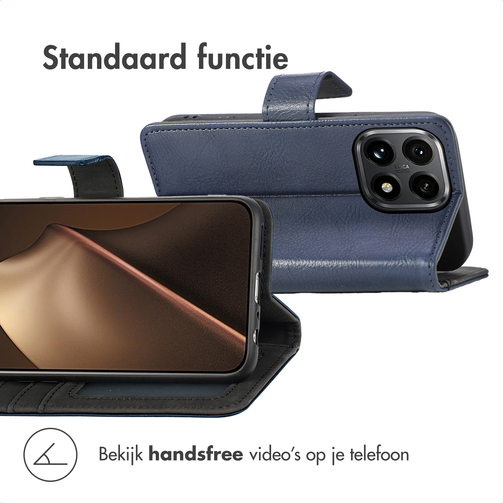Een blauwe telefoonhoes met een telefoon erin. Het scherm van de telefoon is zichtbaar, evenals de camera op de hoes.