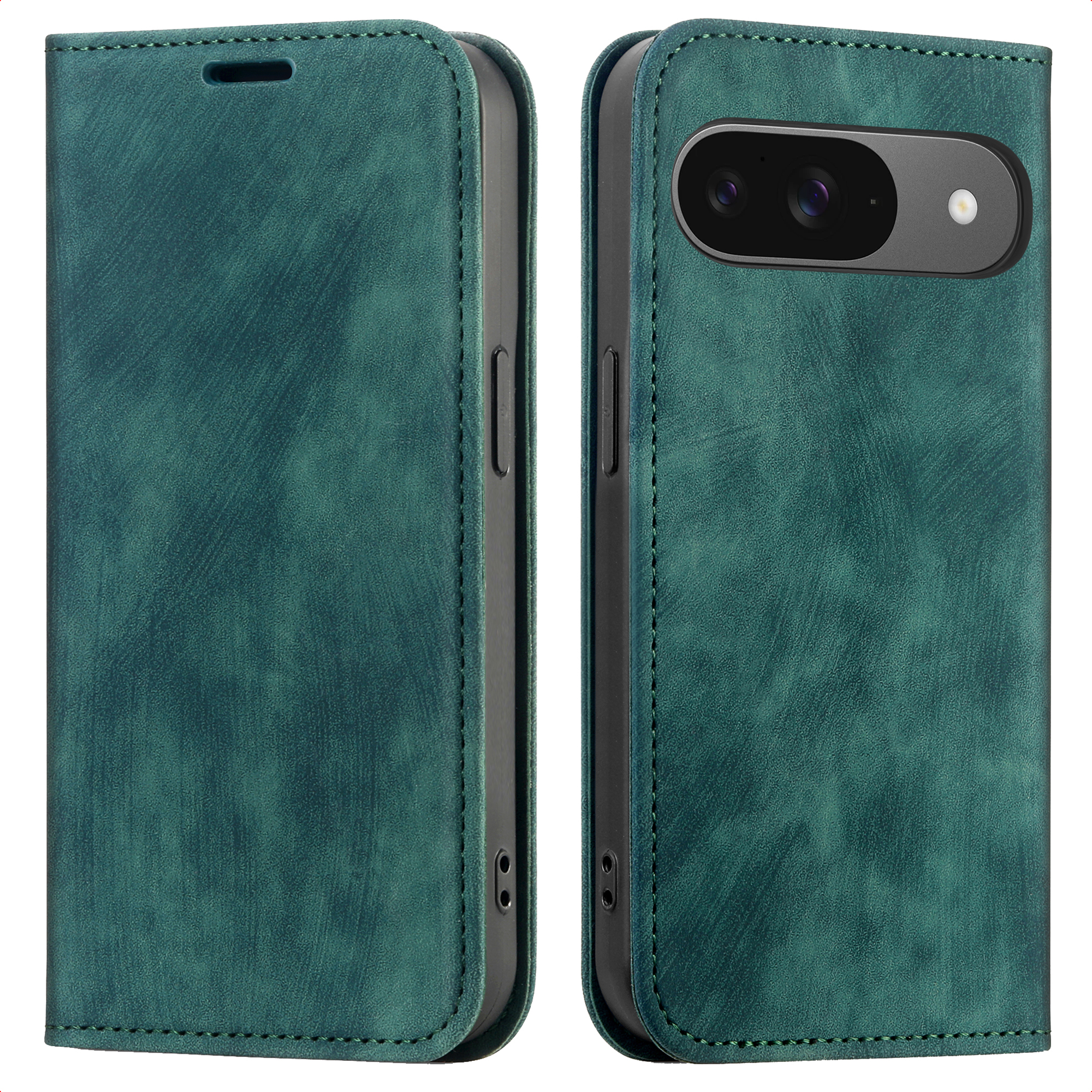 Een teal telefoonhoesje, open en dicht, met een telefoon zichtbaar in de open helft. De hoes heeft een getextureerd oppervlak.