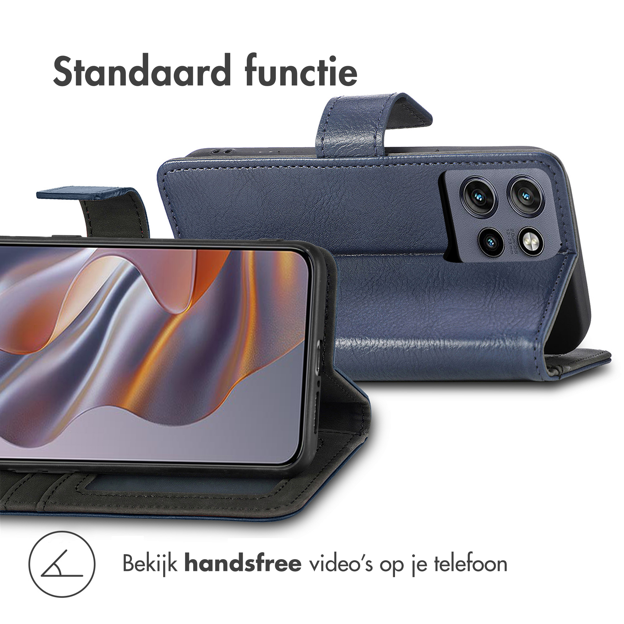 Blue phone case with a phone inside. The phone displays an abstract image. Text: Bekijk handsfree video's op je telefoon.
