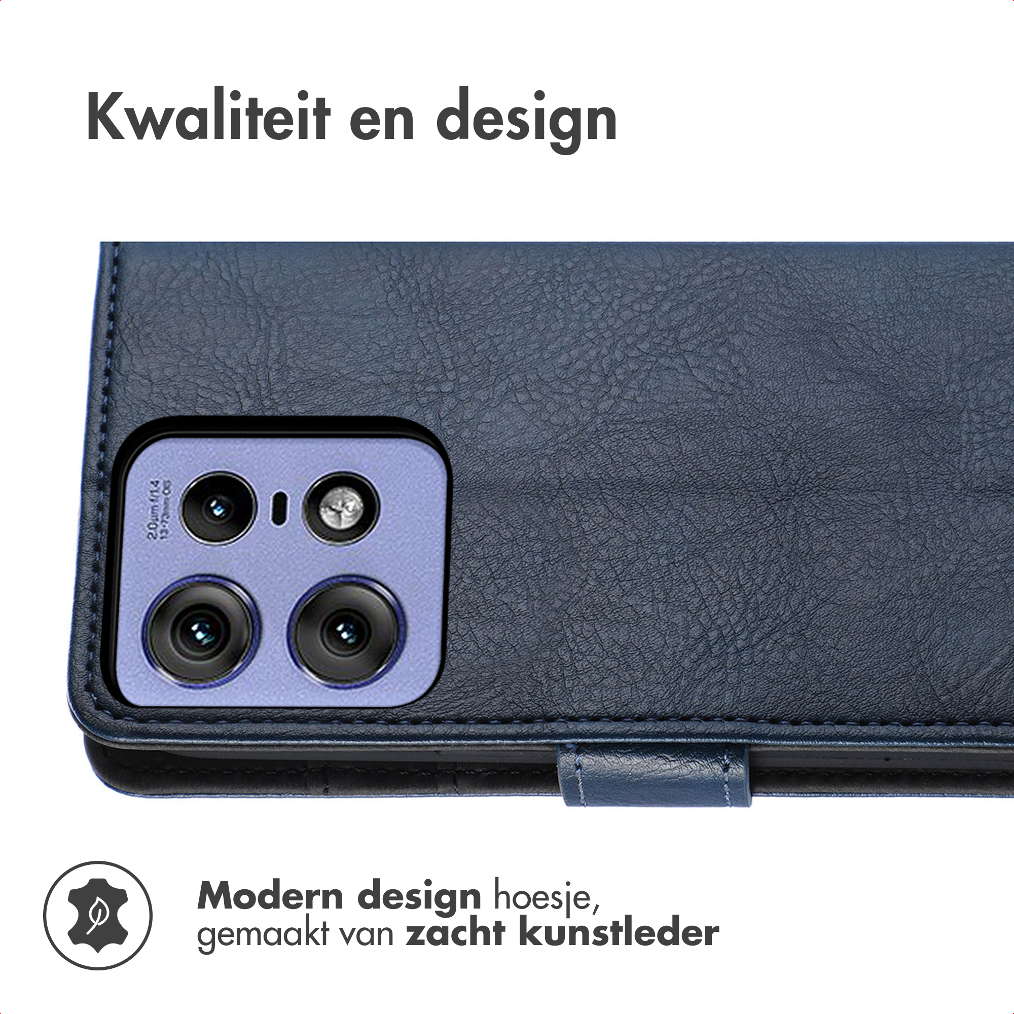 A close-up of a phone case with a camera module. The case is blue leather. Text reads: Quality and design, modern design case.