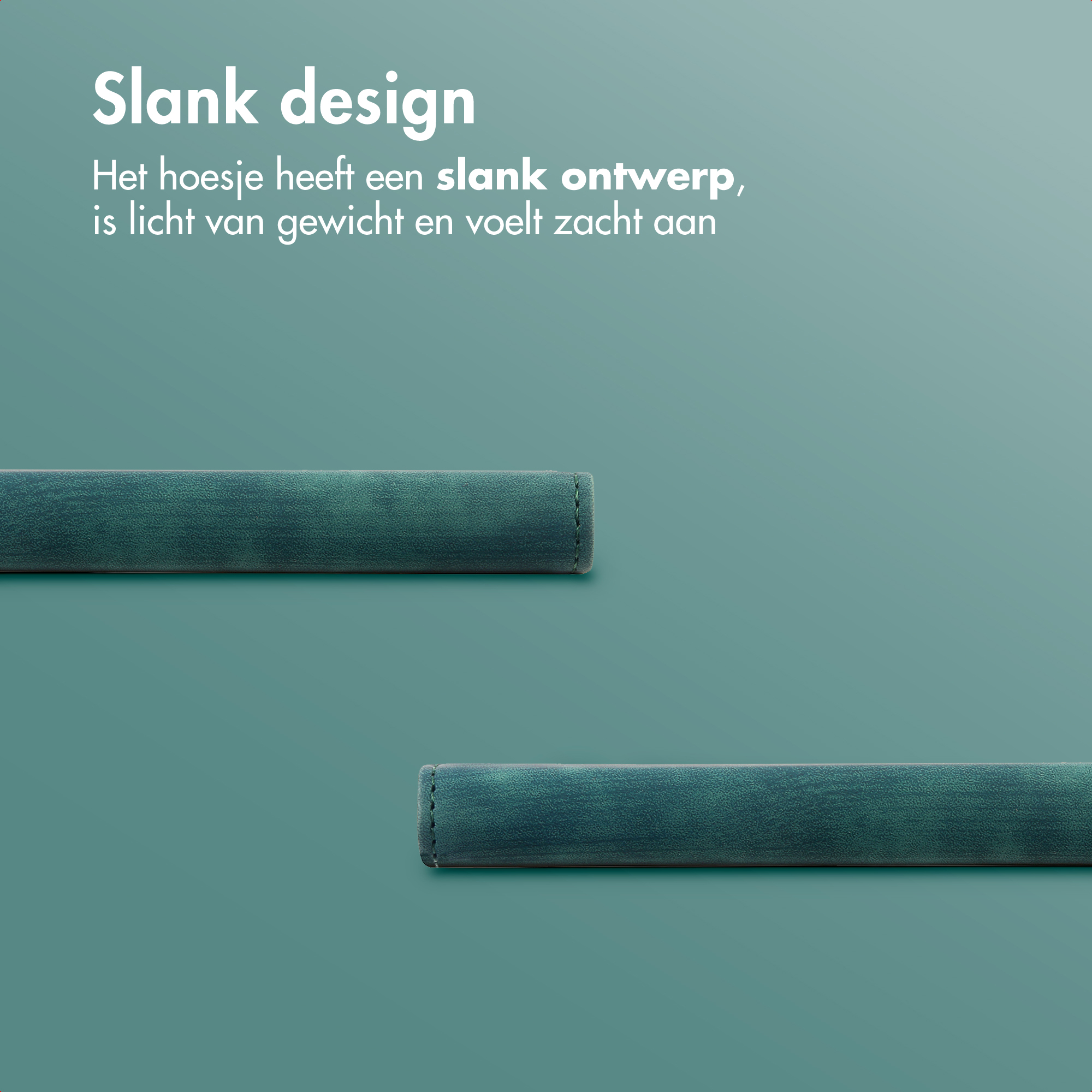 Afbeelding toont een turquoise achtergrond met twee turquoise rechthoekige vormen. Witte tekst zegt "Slank design".
