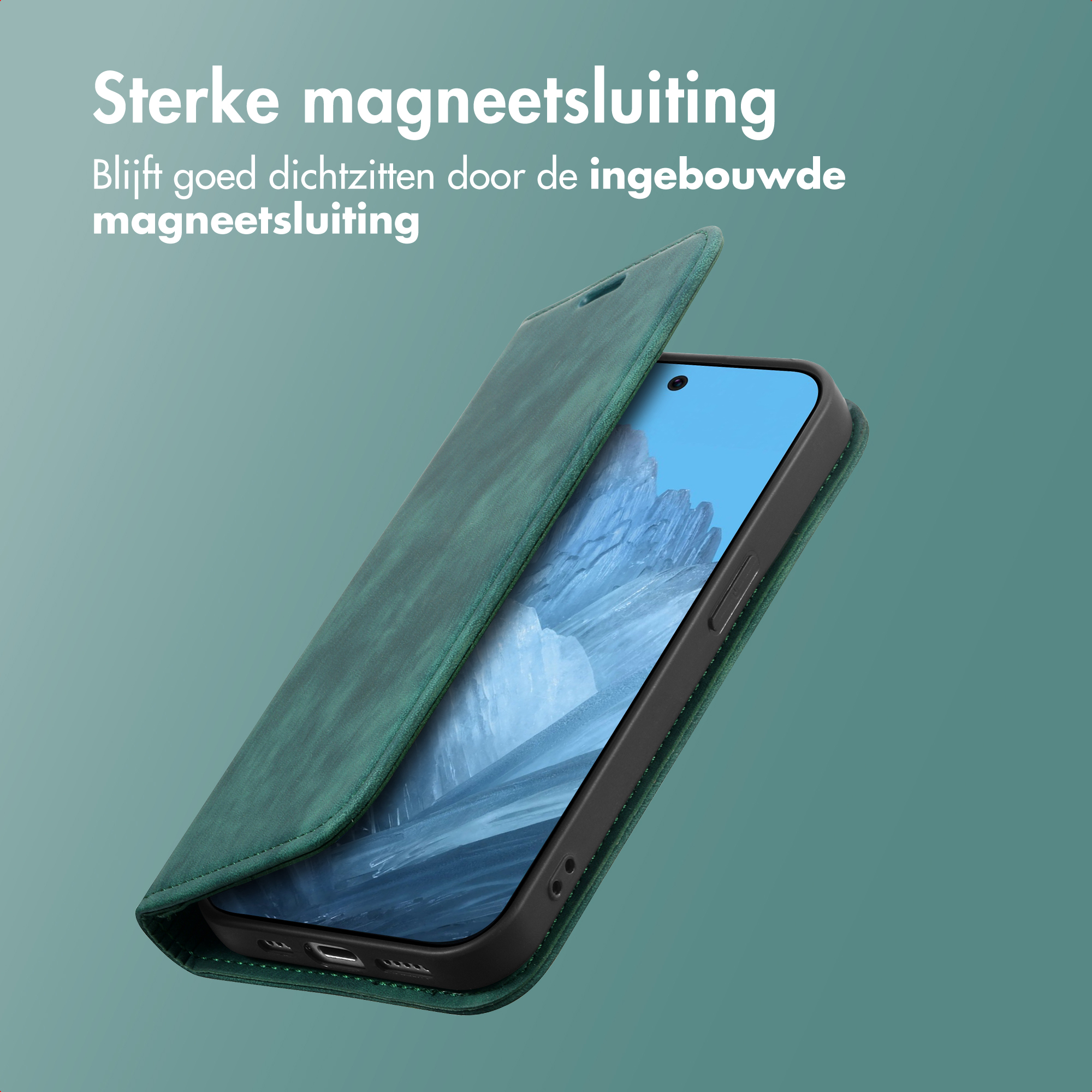 Groene telefoonhoes met magnetische sluiting, open om het scherm met blauwe achtergrond te onthullen.