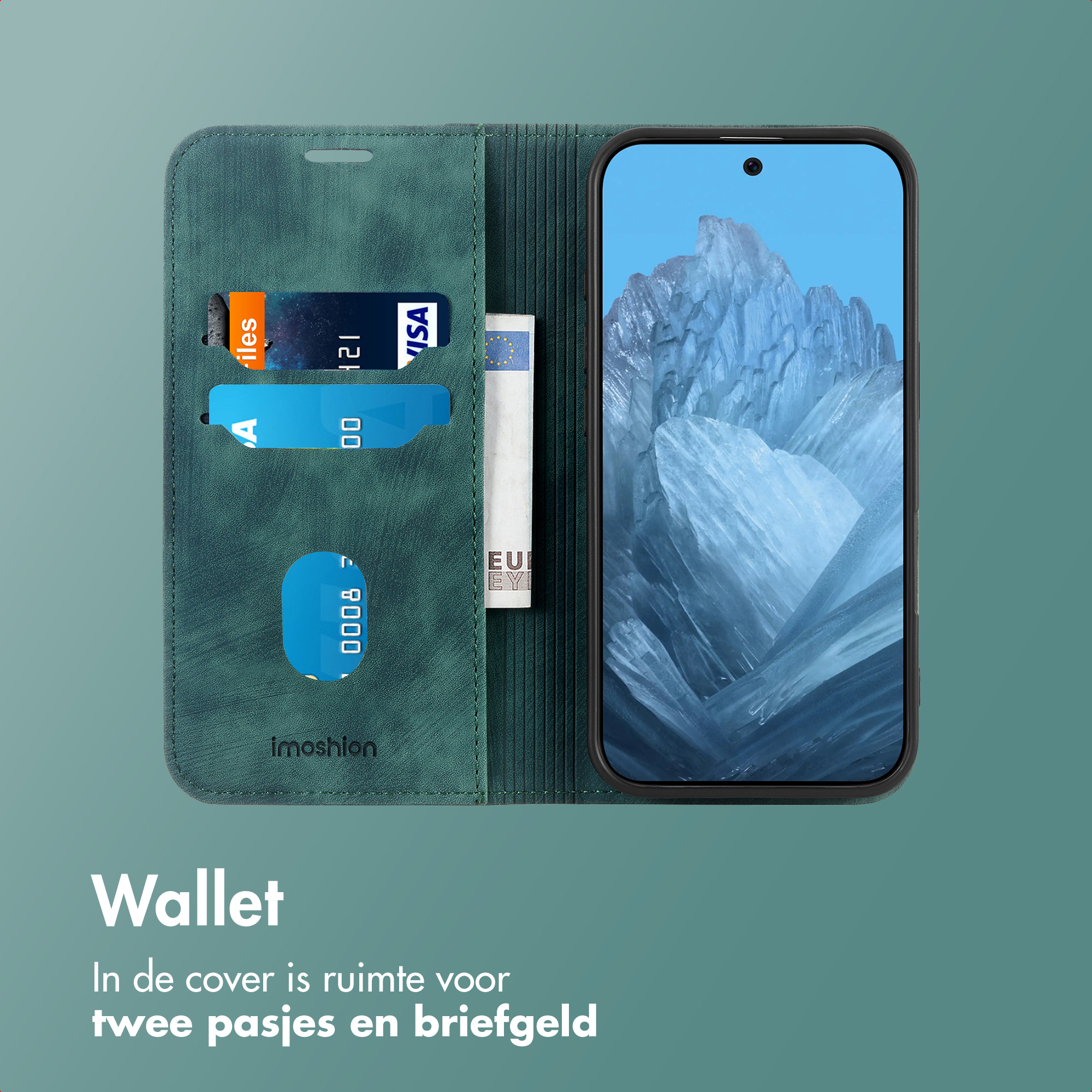 Groene portemonneehoes met telefoon. Kaarten en geld zichtbaar. Telefoon toont blauw, kristallijn beeld. Tekst: Portemonnee.