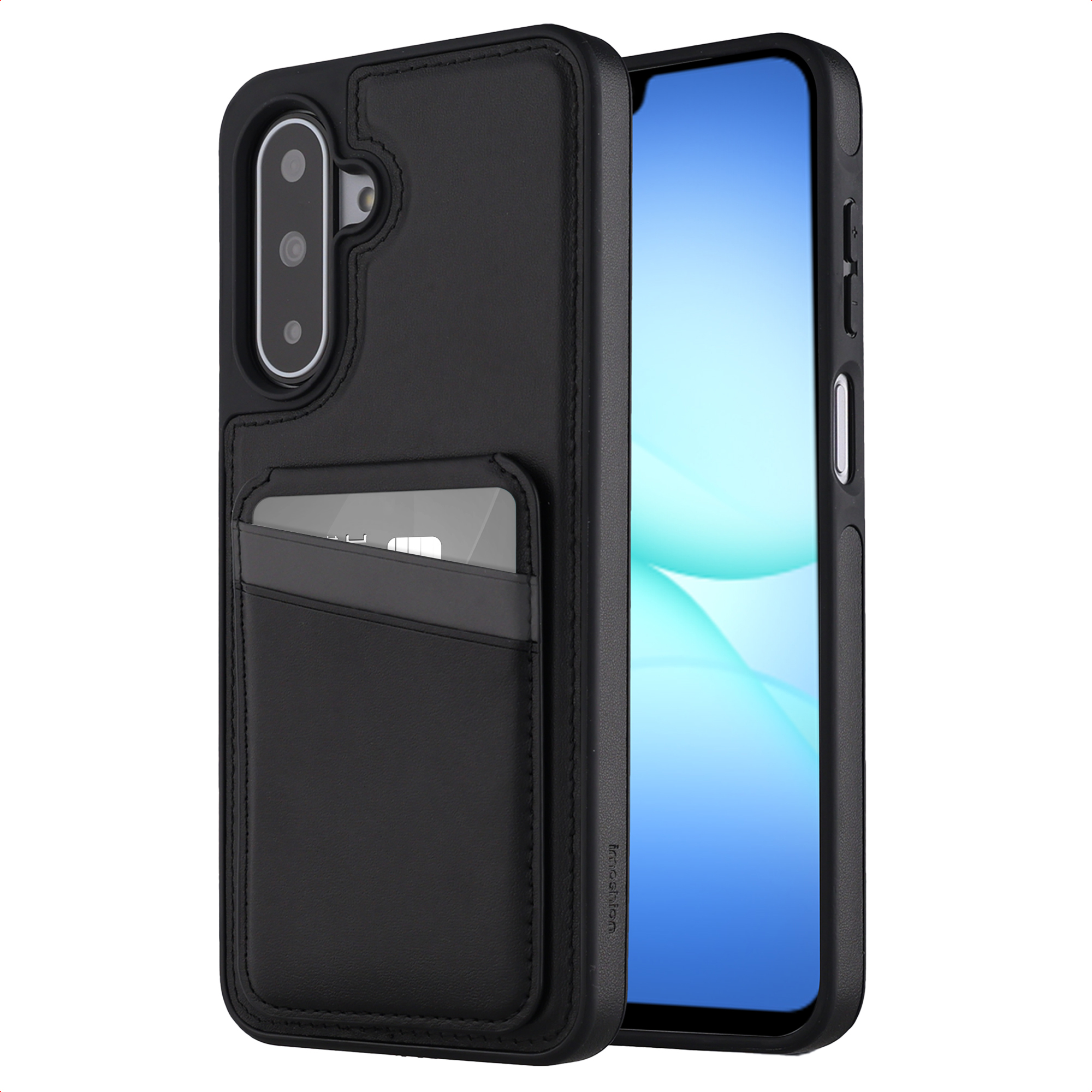 Coque de téléphone noire avec fente pour carte de crédit, montrant un smartphone avec écran bleu. Fond blanc.