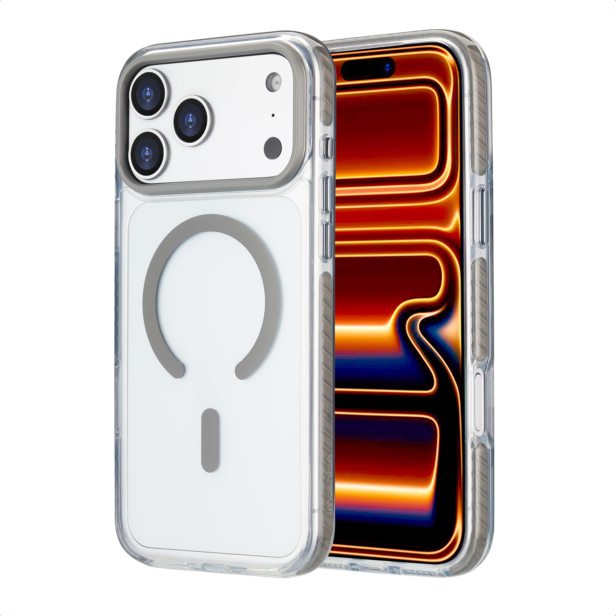 Une coque de téléphone transparente avec un téléphone à l'intérieur. Le téléphone a un écran orange et noir. Le boîtier a un anneau gris.