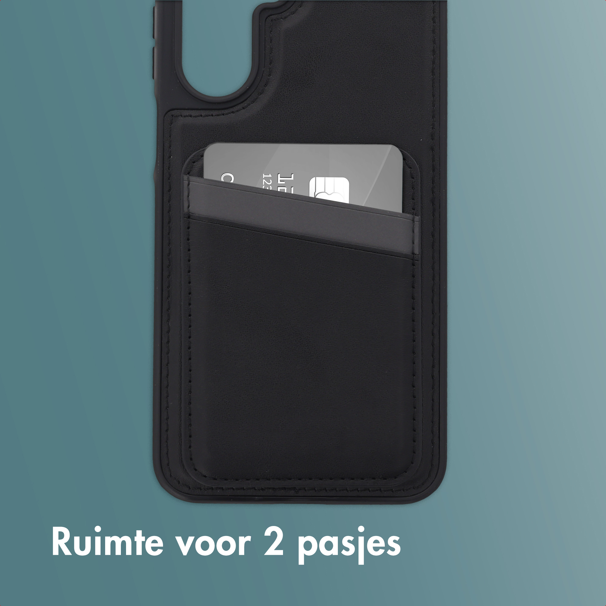 Coque de téléphone noire avec fente pour carte. Carte de crédit partiellement visible. Fond turquoise avec texte blanc.