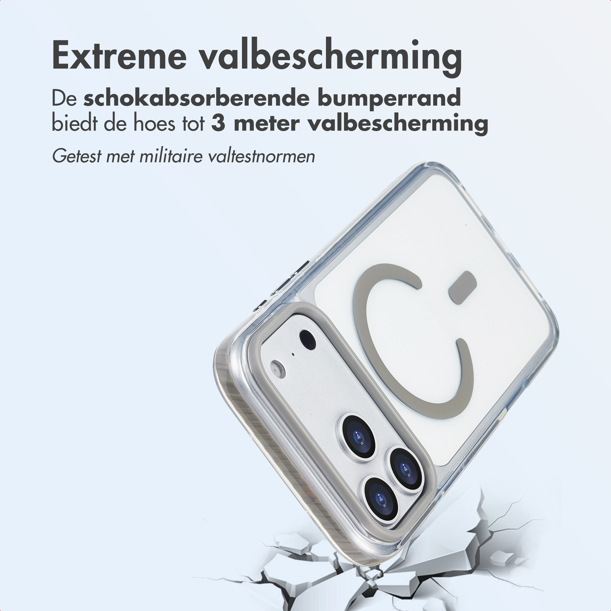Coque de téléphone avec téléphone. C gris sur fond blanc. Sur surface fissurée.