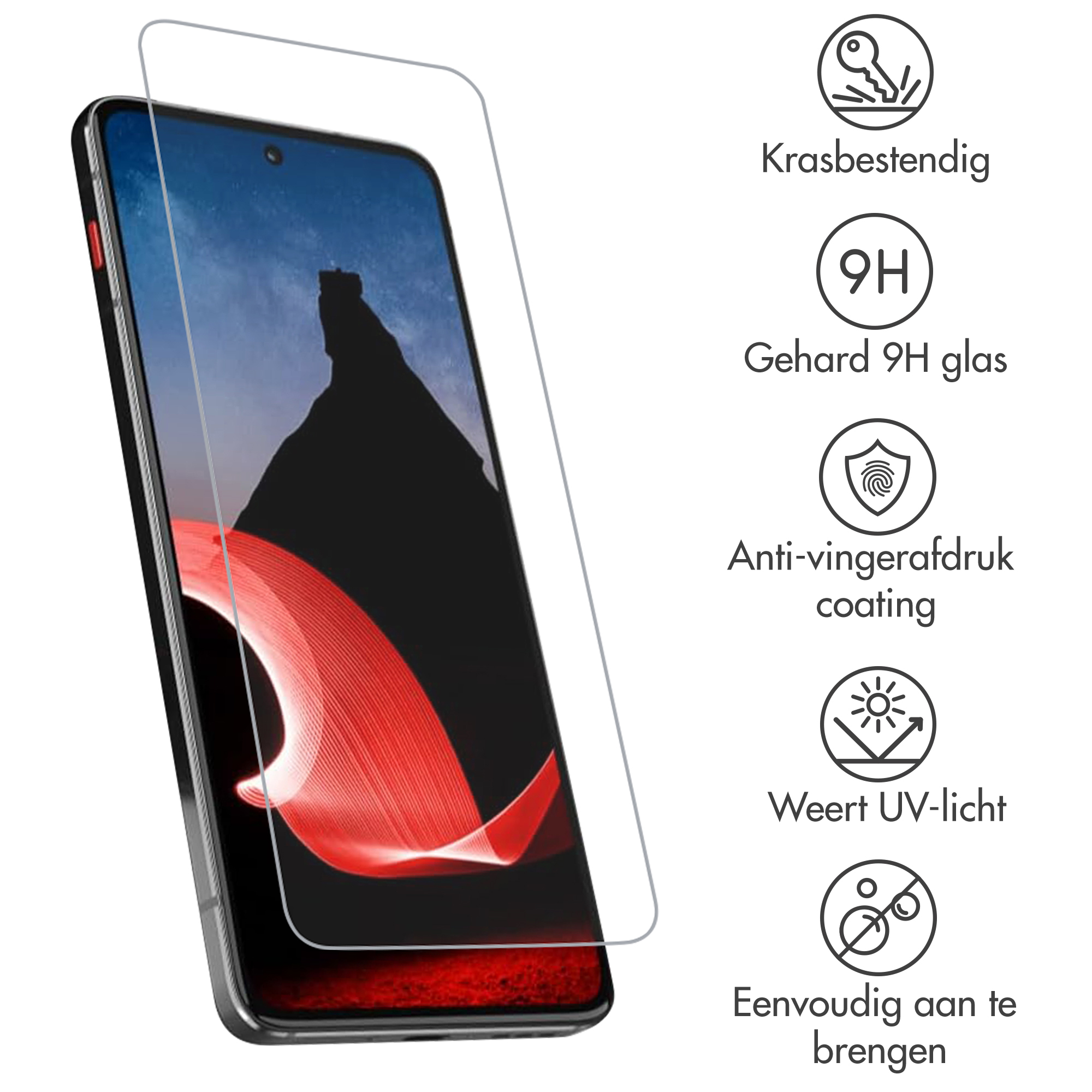 Un telefono con protezione schermo. Icone mostrano resistenza ai graffi, vetro 9H, anti-impronta, protezione UV e facile applicazione.