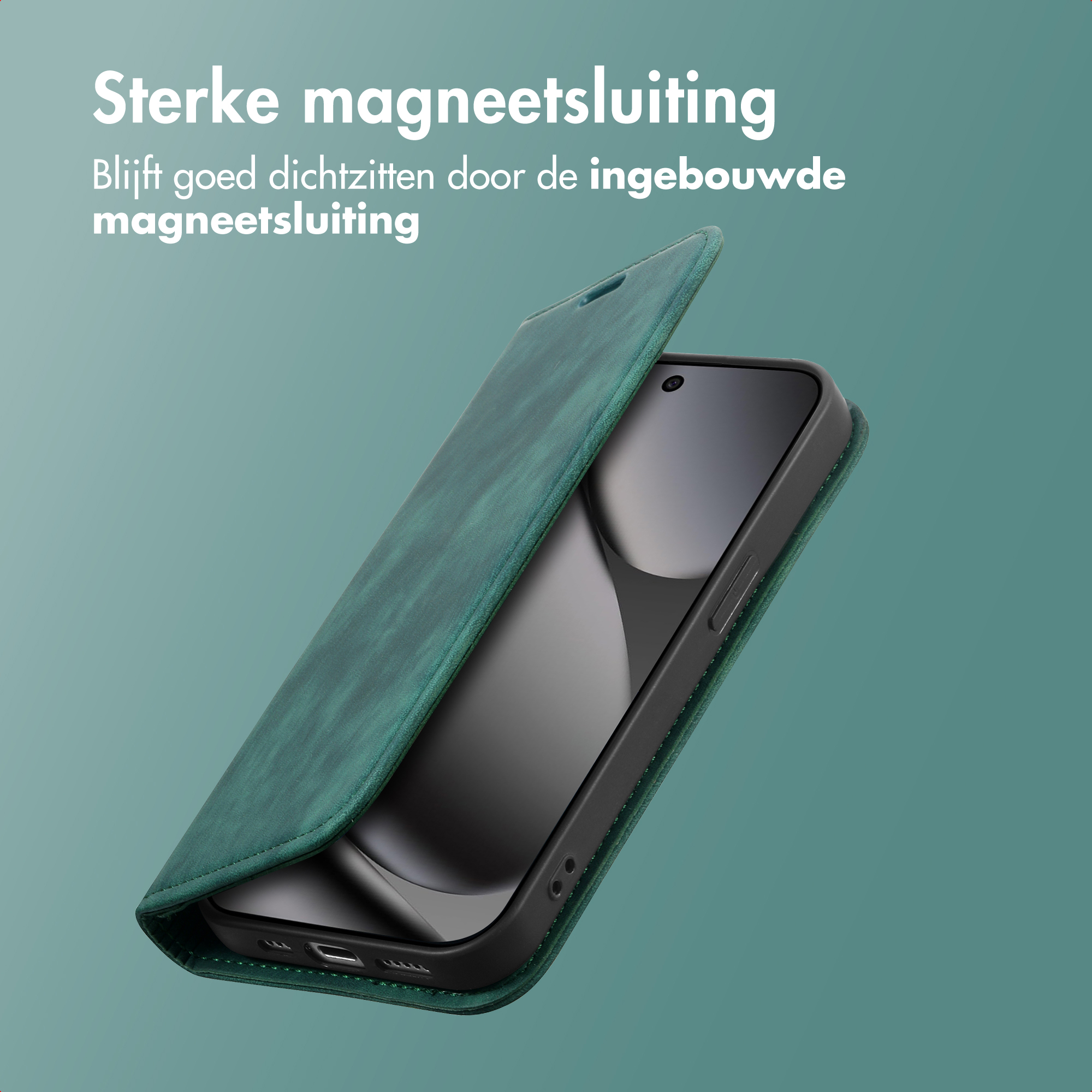 Un telefono in una custodia verde, la custodia è aperta. Il testo dice: 'Forte chiusura magnetica'.