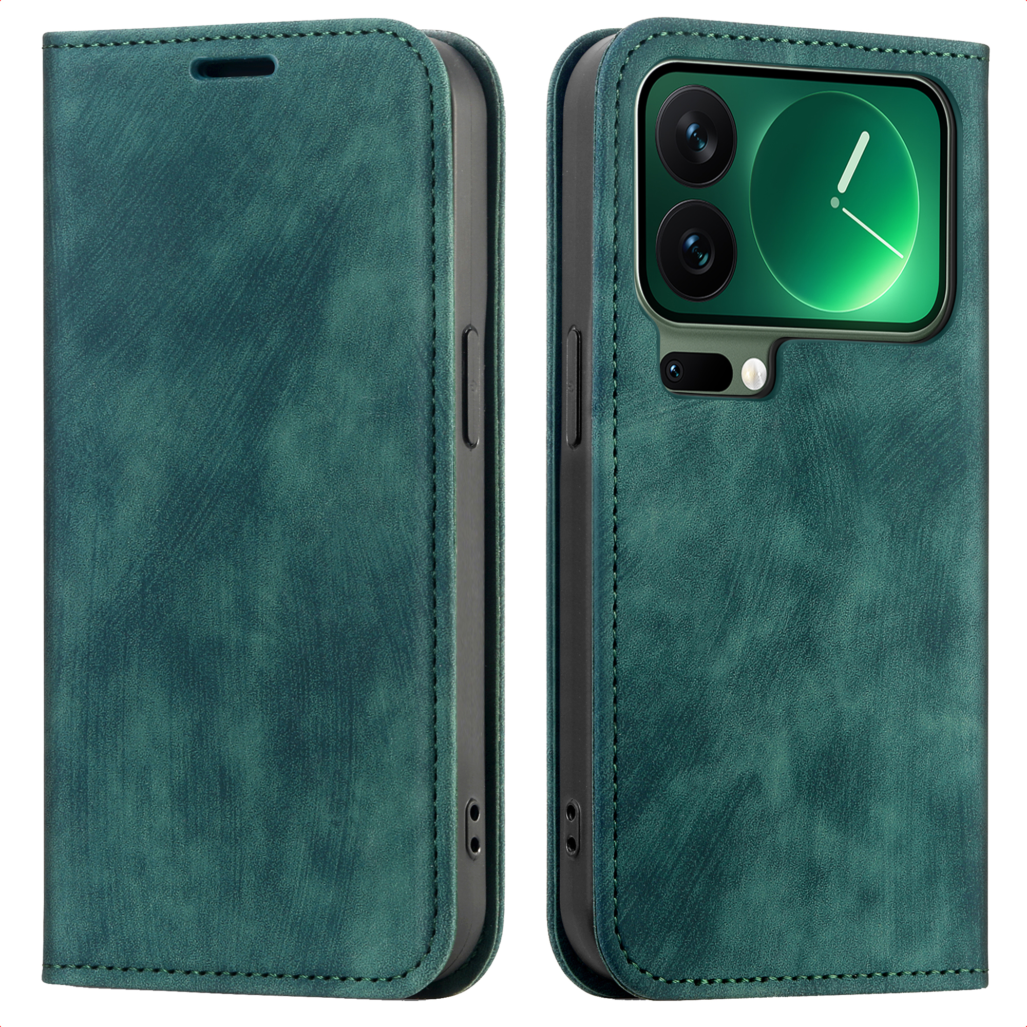 Una custodia per telefono in pelle verde acqua, aperta per rivelare uno schermo del telefono con orologio e obiettivi della fotocamera.