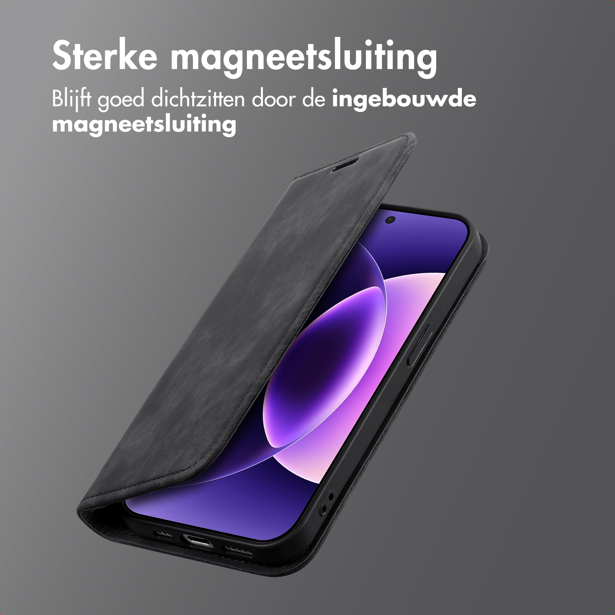 Telefoonhoesje met magnetische sluiting. Telefoonscherm zichtbaar. Hoesje is open, onthult de telefoon.
