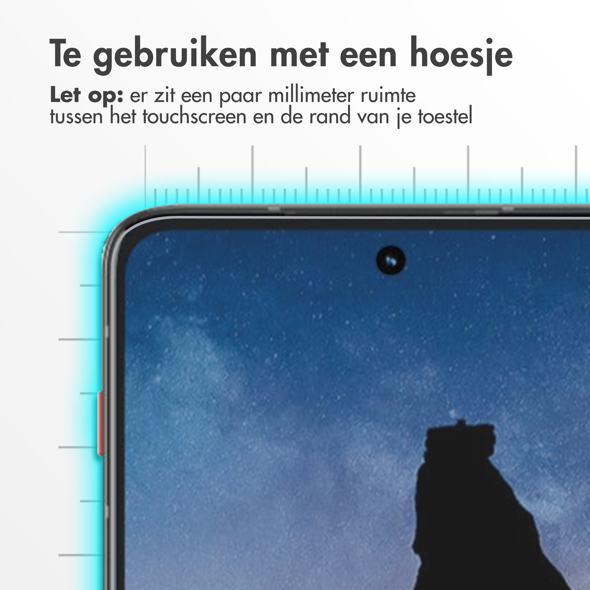 Uno schermo del telefono con cornice nera. Il testo in alto dice di usare con una custodia. Uno sfondo blu mostra una sagoma di roccia.
