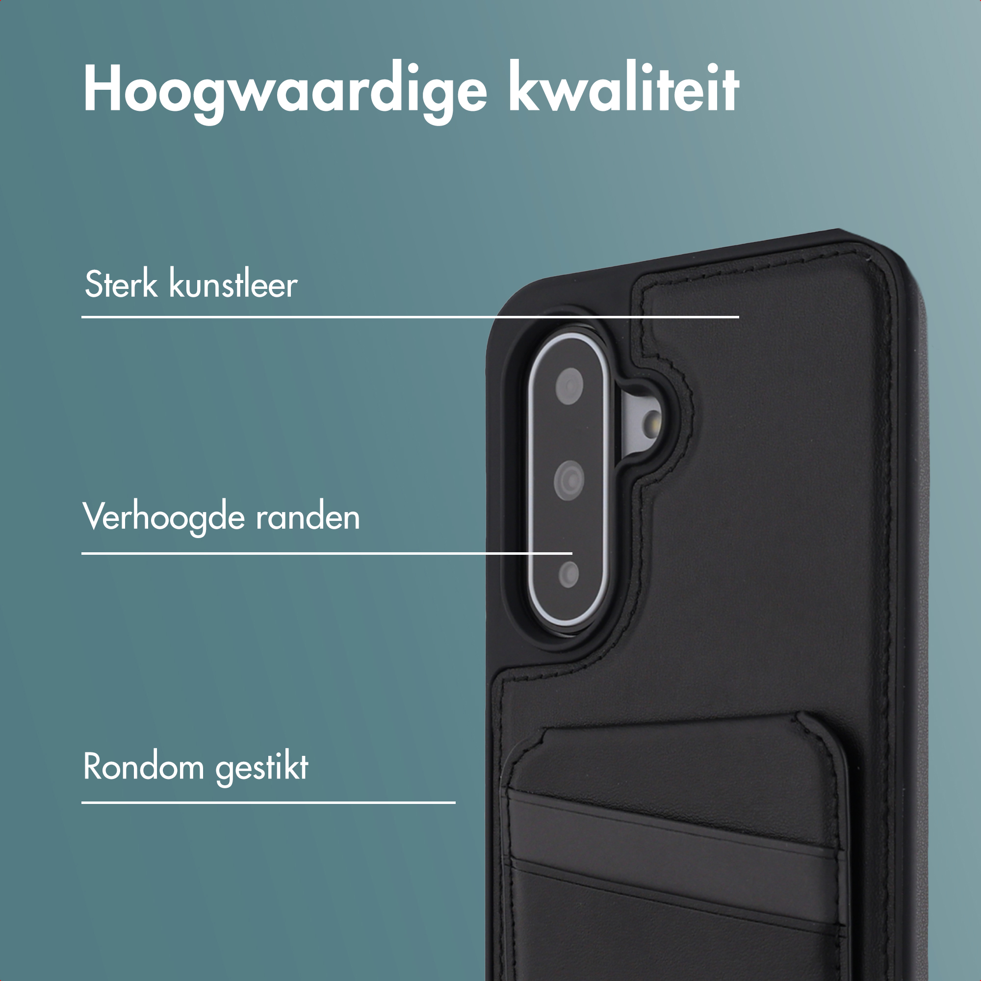 Gros plan sur une coque de téléphone noire. Le texte met en évidence les caractéristiques : cuir synthétique résistant, bords relevés et cousu.