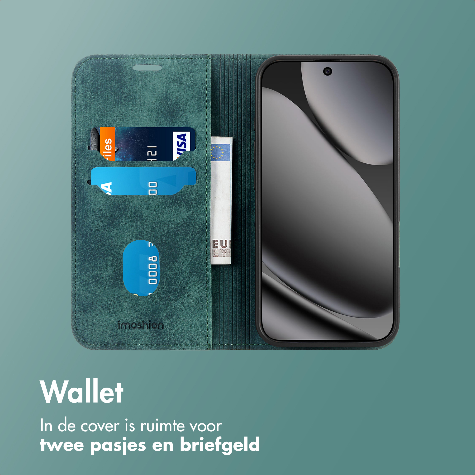 Custodia a portafoglio verde con telefono. Carte di credito e denaro visibili. La custodia è su sfondo verde acqua.