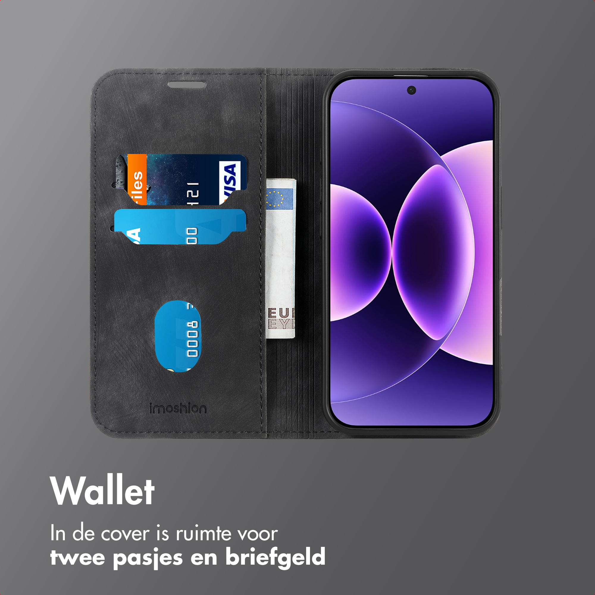 Een telefoonhoesje met kaarten en contant geld. Een telefoon toont een paars ontwerp. De portemonnee is zwart.