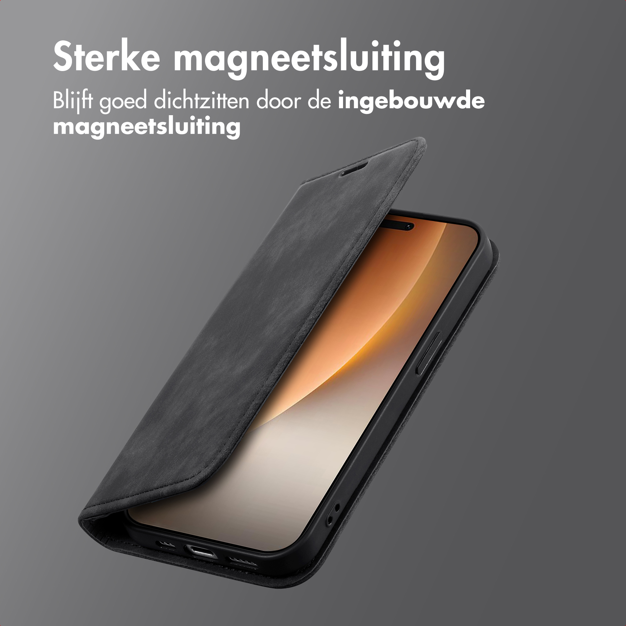 Custodia nera con chiusura magnetica, parzialmente aperta, mostra lo schermo del telefono.