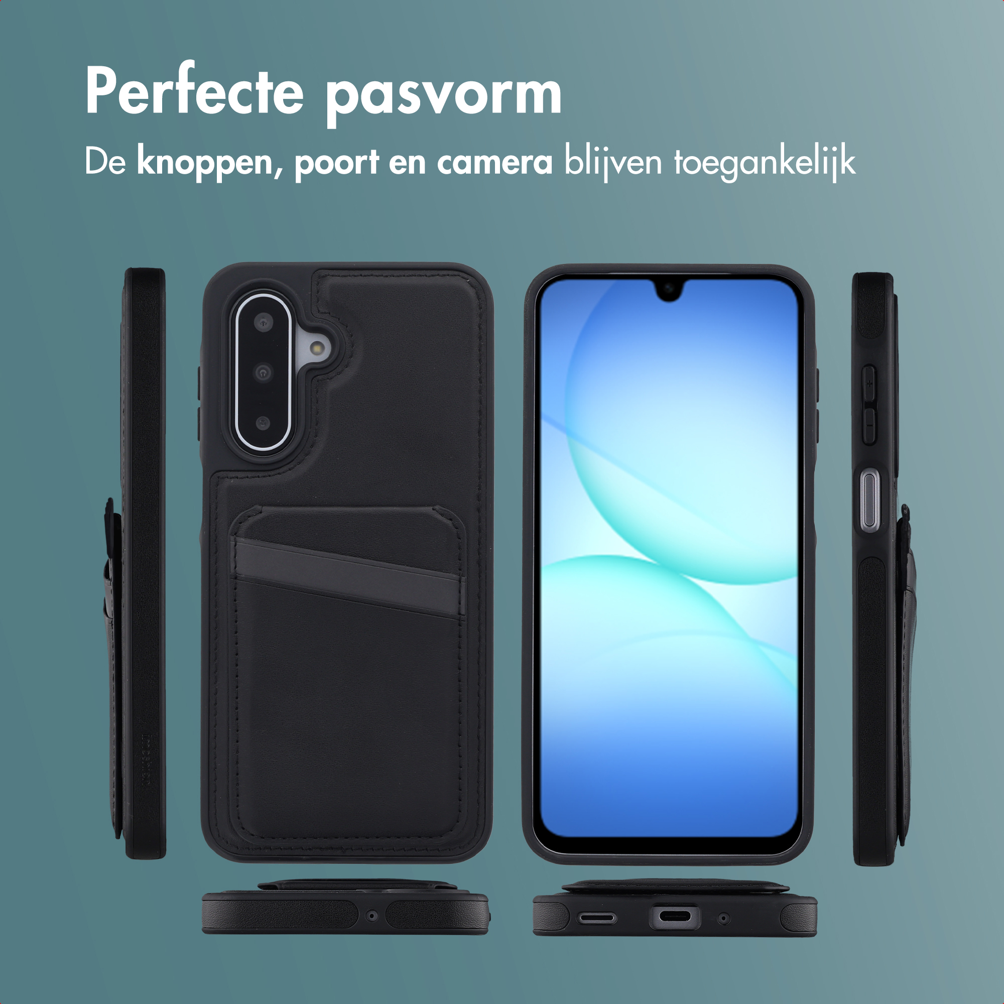 L'image montre des étuis de téléphone, avec un téléphone au milieu. Les étuis sont noirs et le téléphone a un écran bleu.