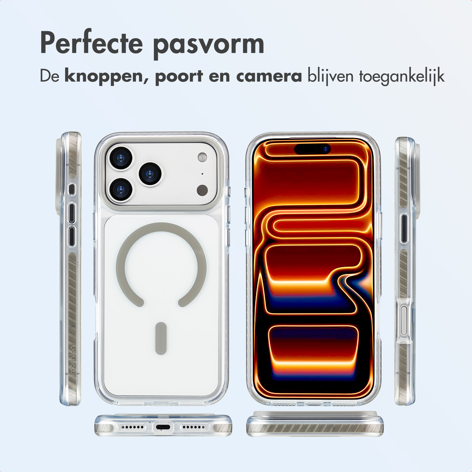 L'image montre un étui de téléphone avec un téléphone à l'intérieur. L'étui est transparent et l'écran du téléphone brille.
