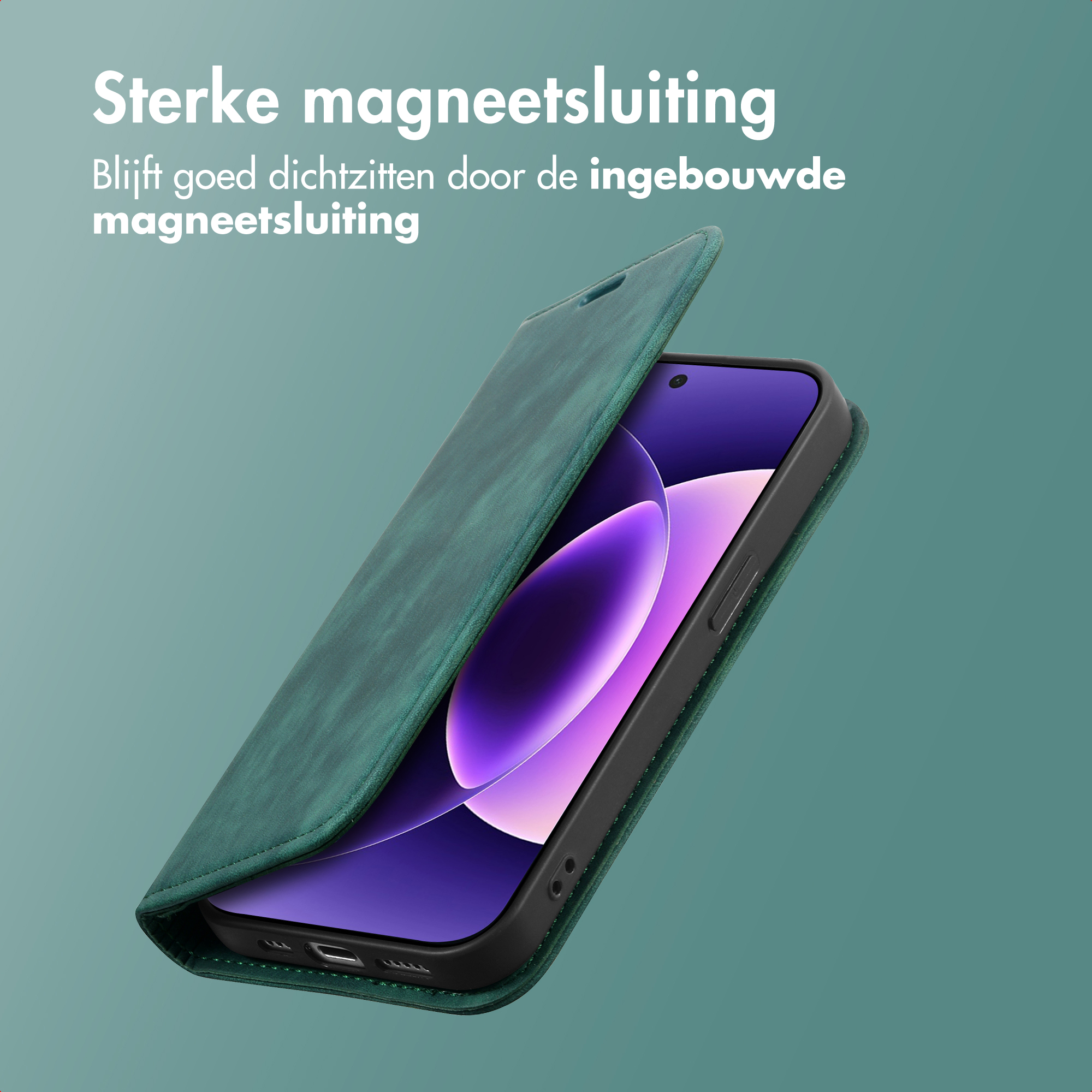 Una custodia verde per telefono parzialmente aperta, che rivela lo schermo. Testo olandese sulla chiusura magnetica.