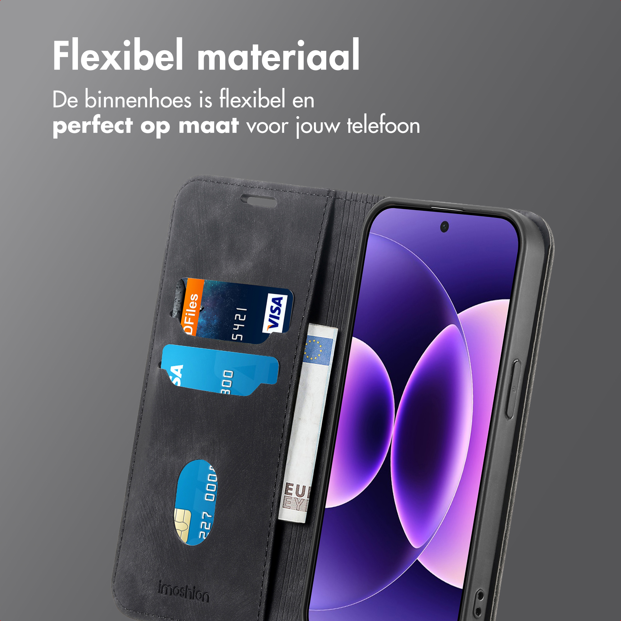 Een telefoonhoesje met een telefoon. De hoes is zwart en bevat kaarten en een biljet. Het scherm is paars.