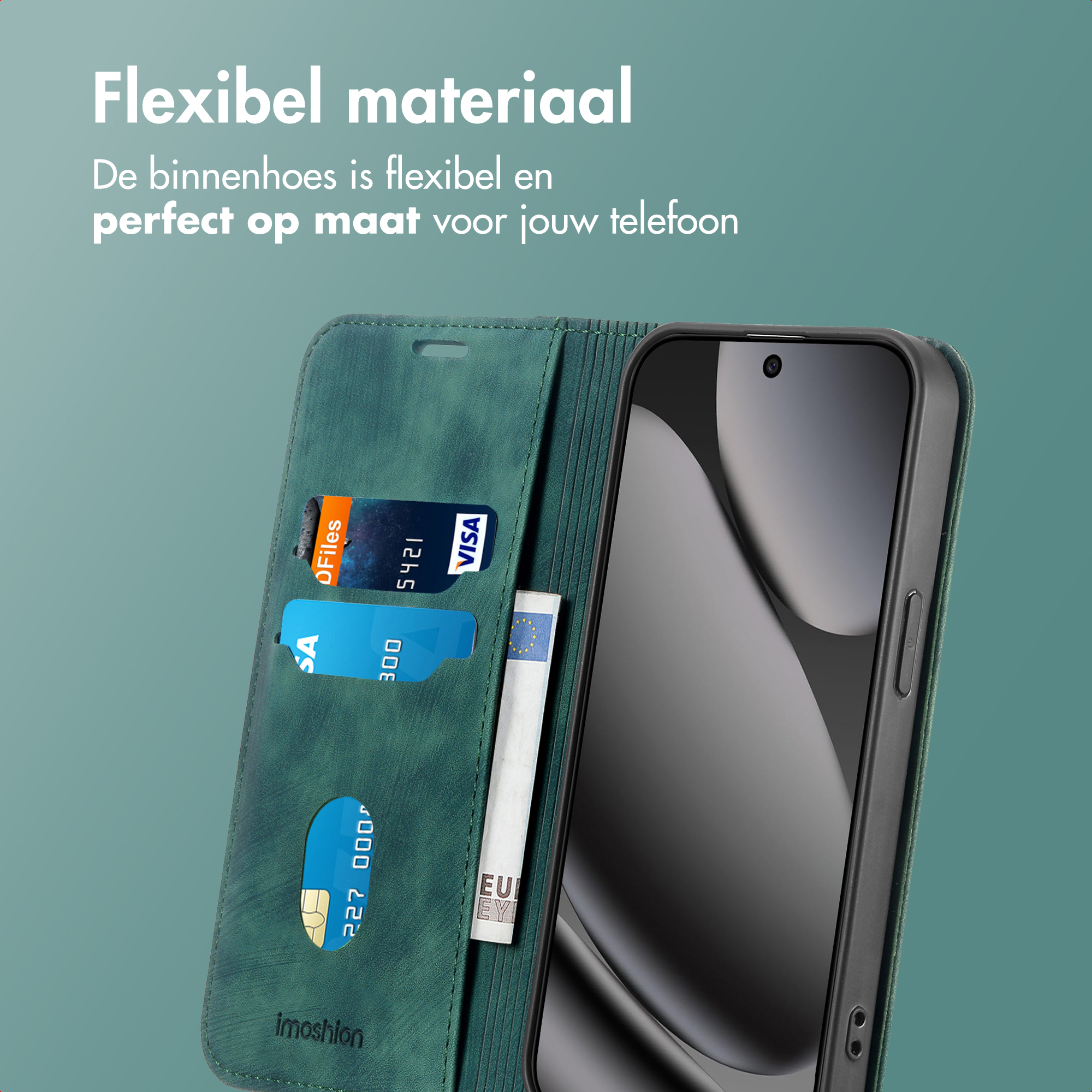 Custodia verde per telefono con telefono, carte e banconota euro. Testo: Materiale flessibile.