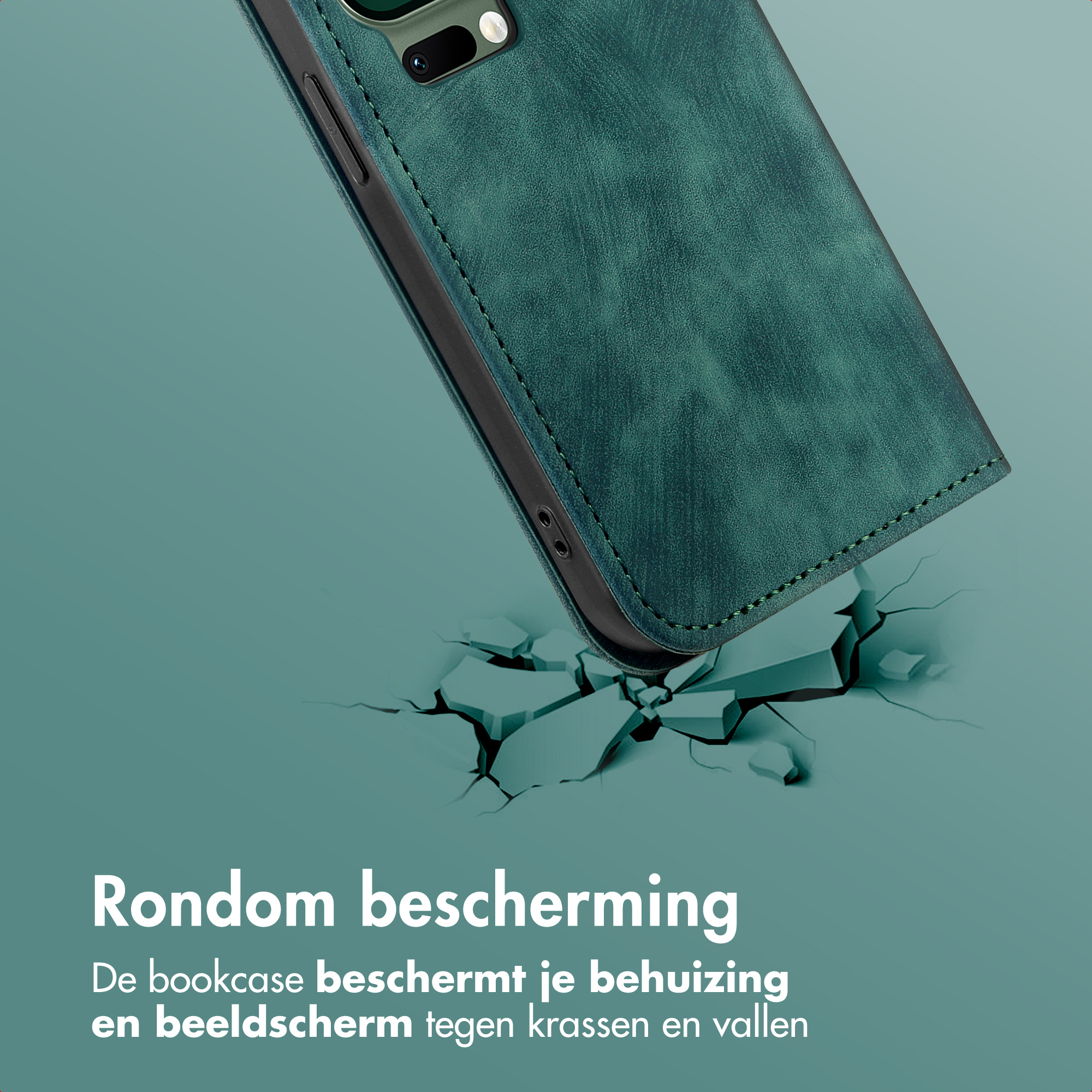 Una custodia verde protegge il telefono. Lo sfondo mostra una superficie incrinata, che implica la protezione dagli urti.