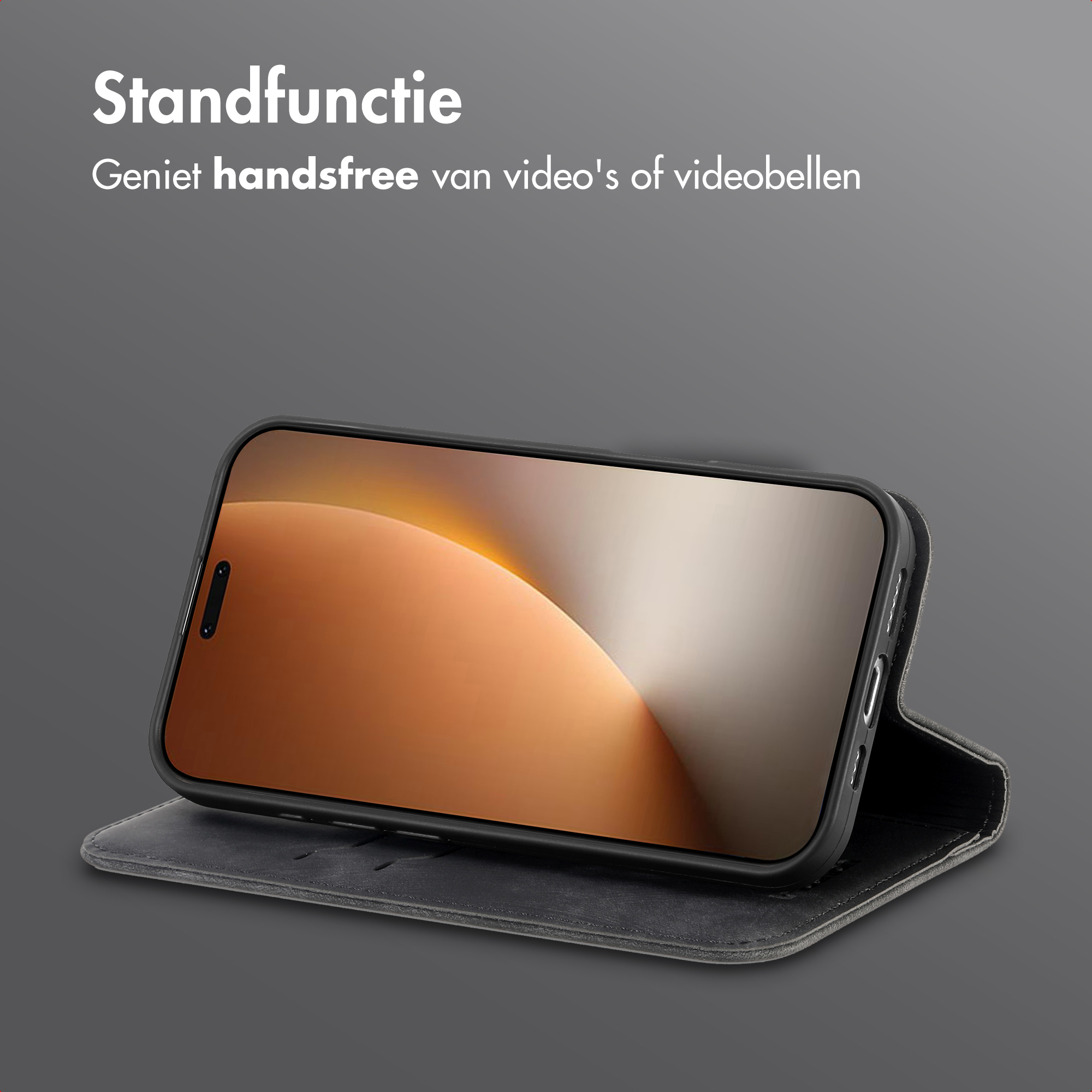 Un telefono in una custodia è in piedi, lo schermo mostra una sfumatura arancione, con il testo 'Standfunctie'.