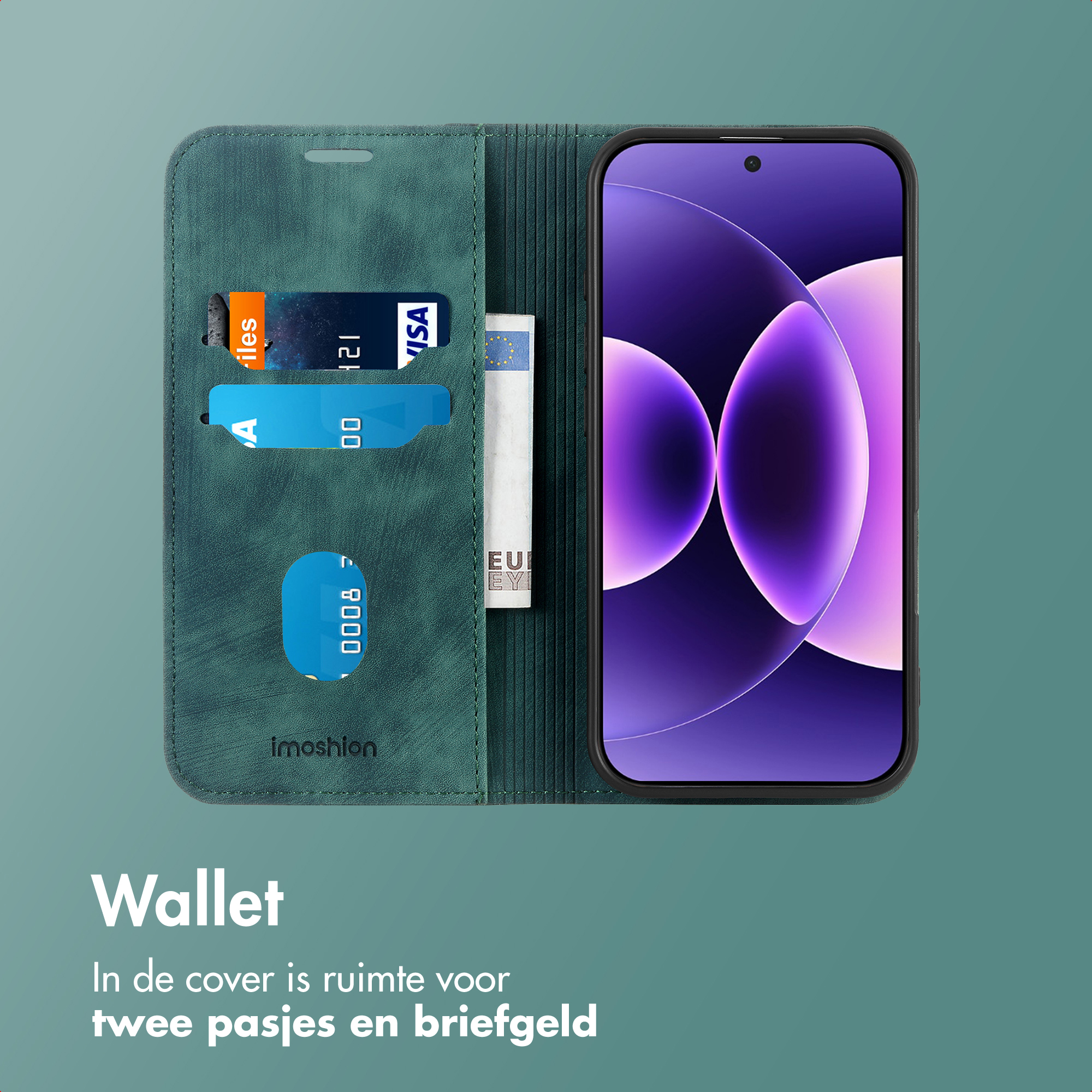 Un portafoglio verde acqua con telefono, carte di credito e banconota in euro. Il telefono mostra un design astratto viola.