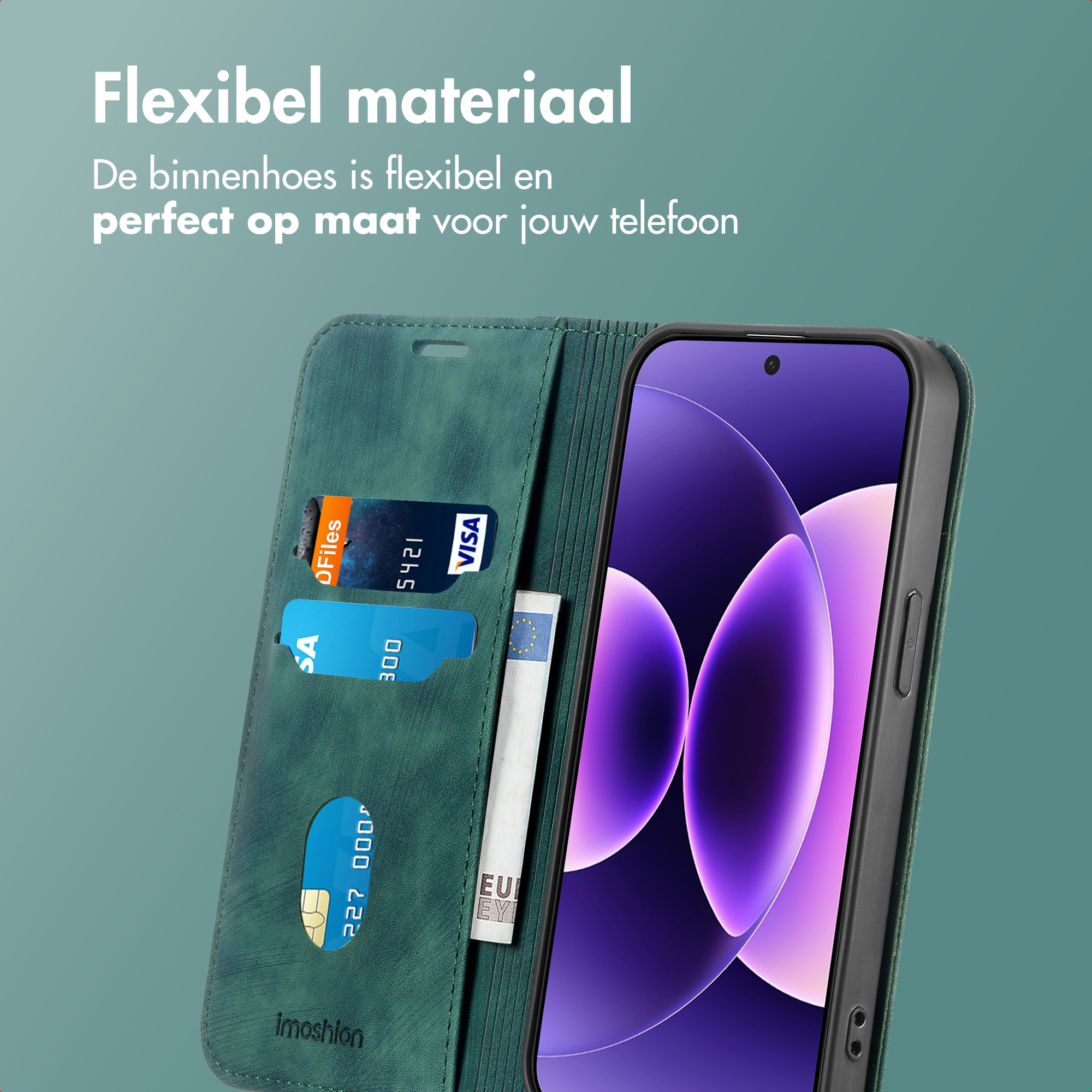 Custodia verde per telefono con carte e denaro, che tiene un telefono. Testo: Flexibel materiaal.