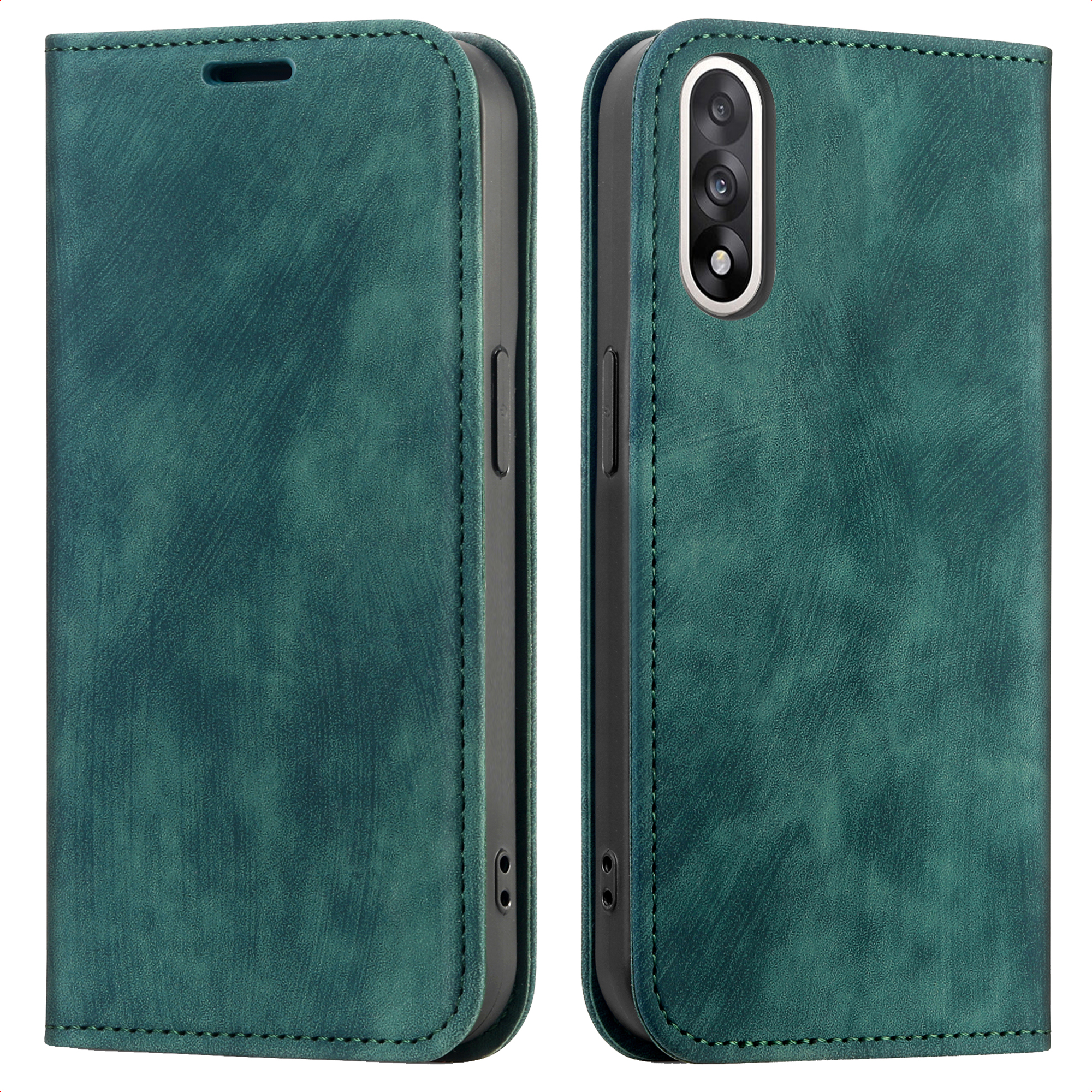 Twee groene leren telefoonhoesjes, één open, één gesloten. Beide hebben stiksels, de open hoes toont de camera.