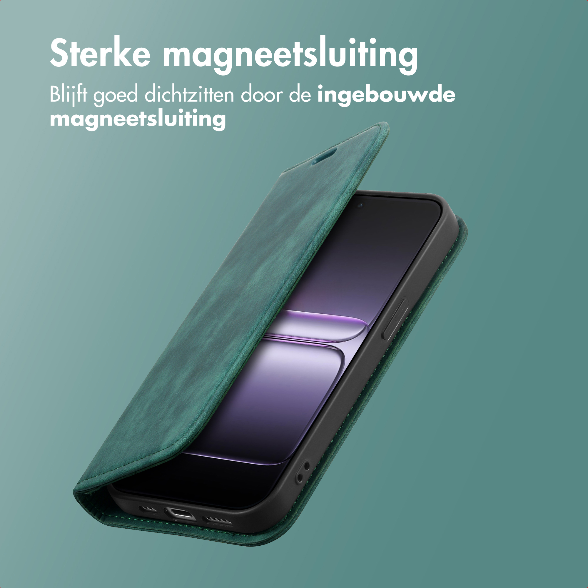 Een groene telefoonhoes met magnetische sluiting, open om een zwart smartphonescherm te onthullen, op een blauwgroene achtergrond.