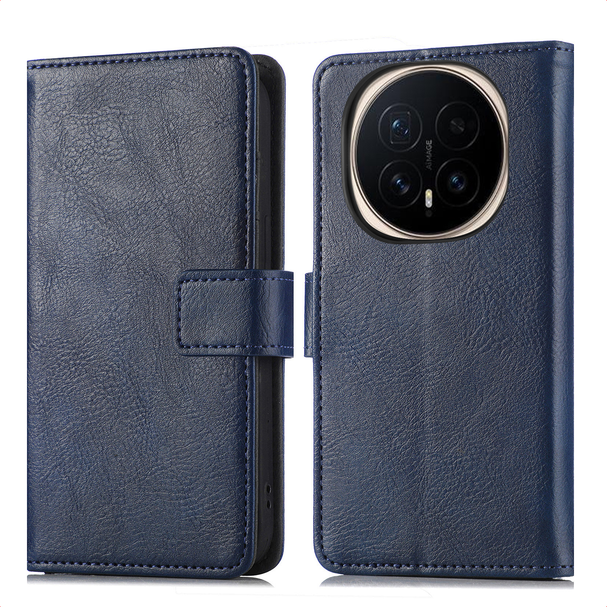 Blauwe leren telefoonhoes, open. Het heeft een camera-uitsparing en een sluiting. Witte achtergrond.