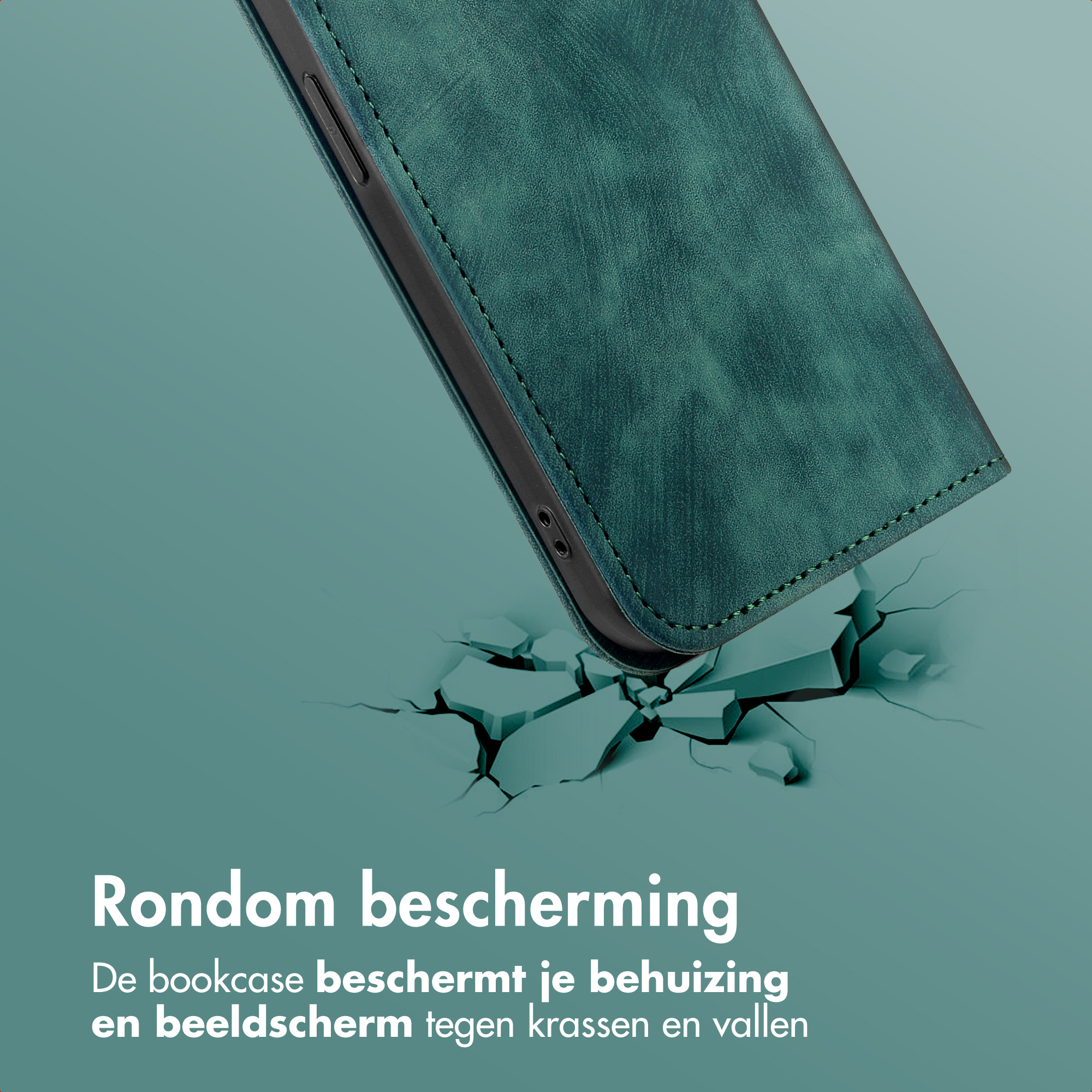 Een teal telefoonhoesje rust op een gebarsten oppervlak. Tekst luidt: "Rondom bescherming. De hoes beschermt uw behuizing en scherm."