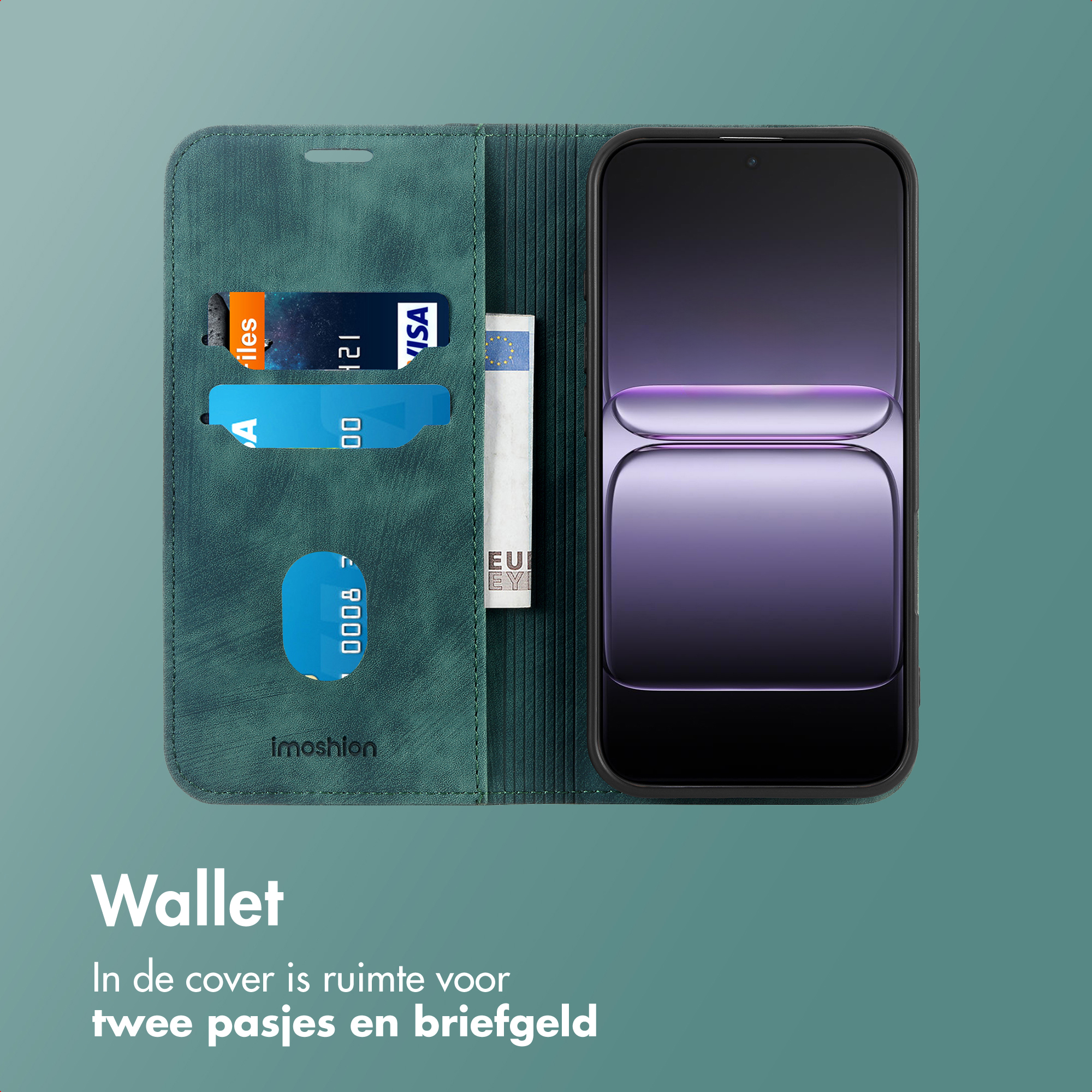 Een teal portemonnee met een telefoon. De case bevat kaarten en contant geld. Een telefoon staat rechts.