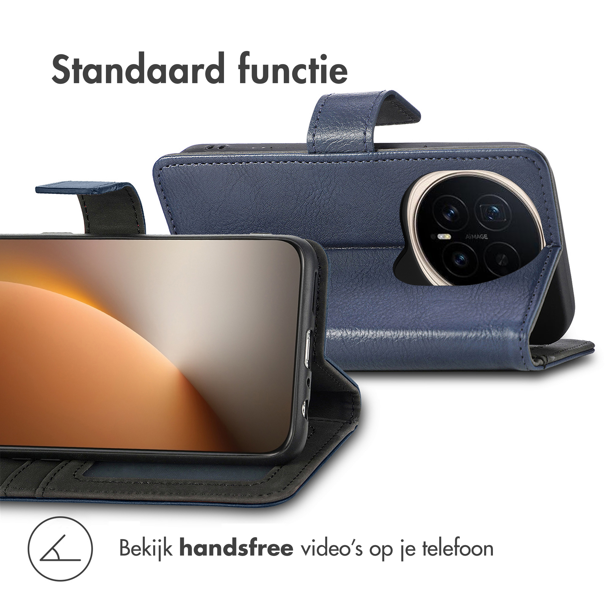 Een telefoon in een blauwe hoes wordt getoond. Het scherm toont een afbeelding. Tekst luidt: 'Bekijk handsfree video's op je telefoon'.