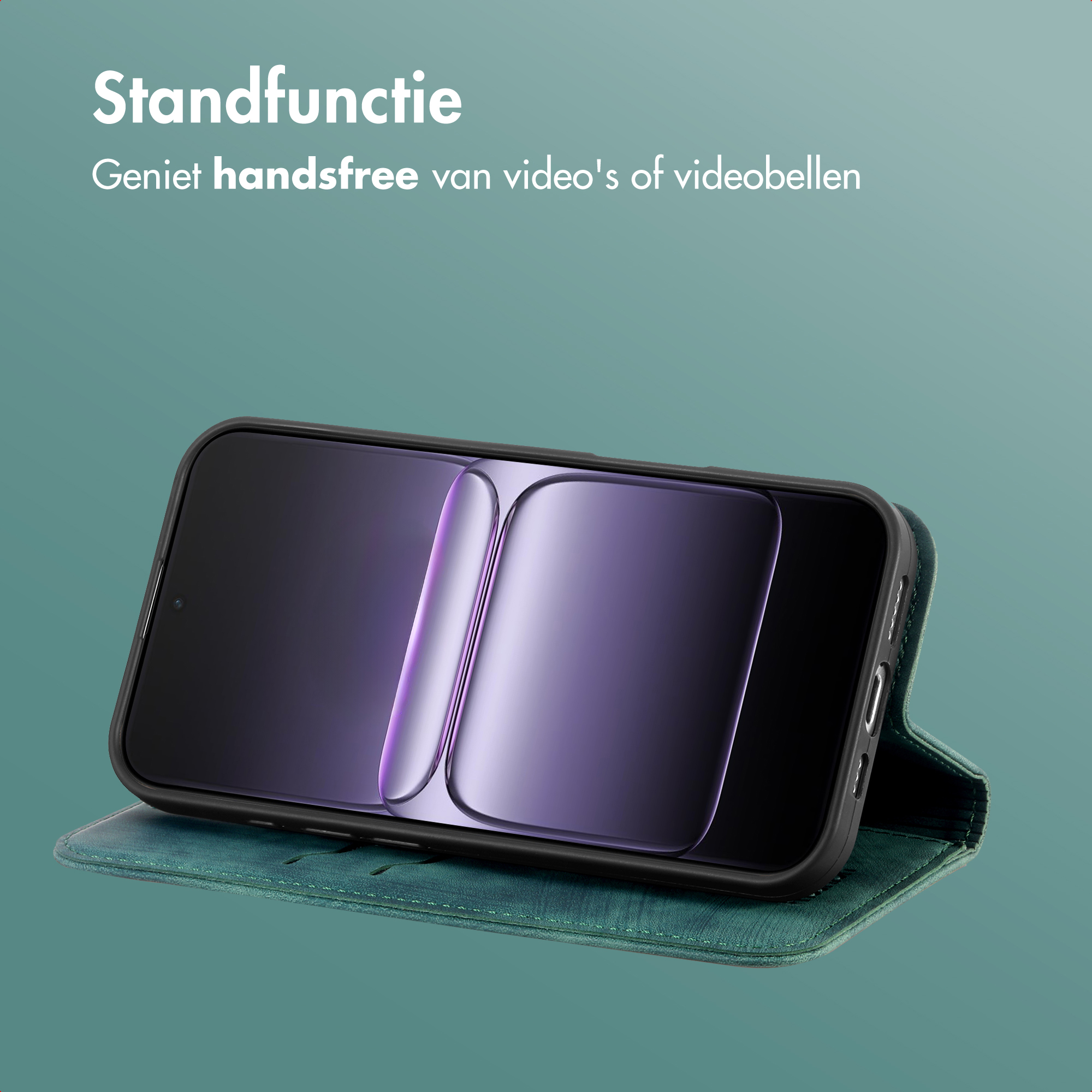 Een telefoon in een groene hoes, opgezet voor handsfree gebruik. Tekst: 'Standfunctie' en 'Geniet handsfree'.