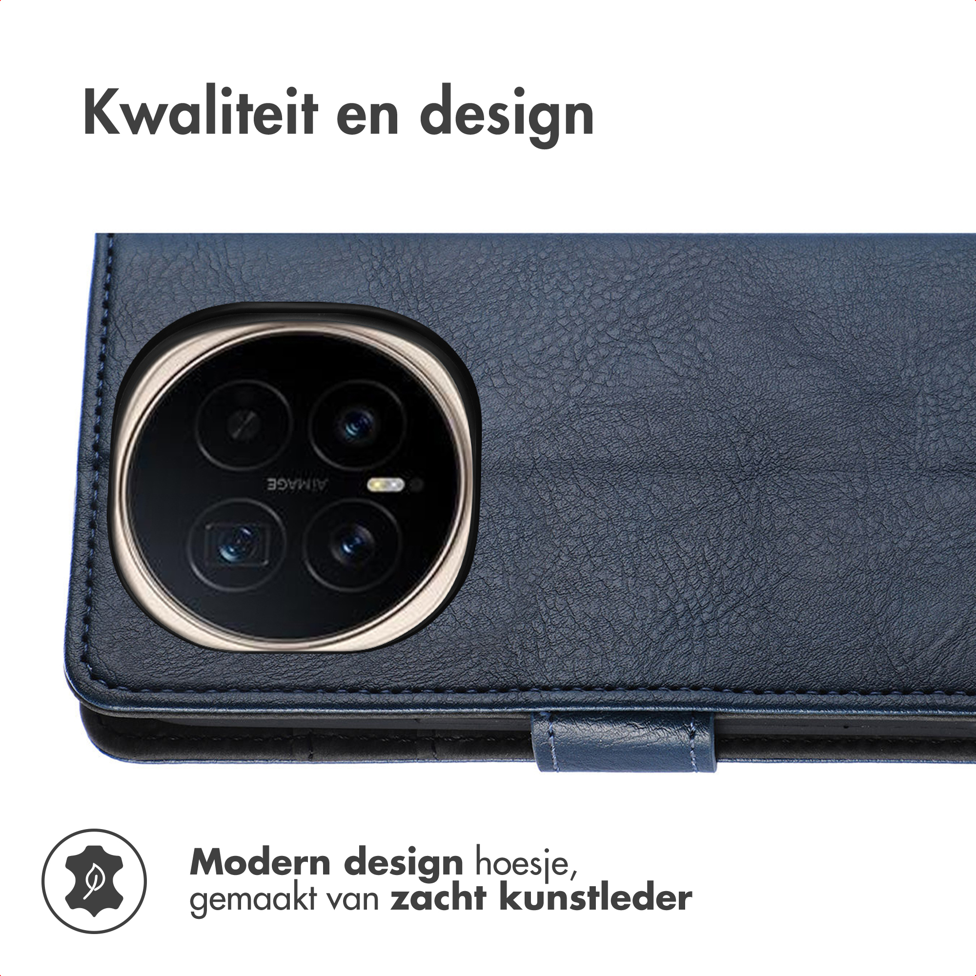 Blauwe leren telefoonhoes met cameradetail. De tekst 'Kwaliteit en design' staat bovenaan.