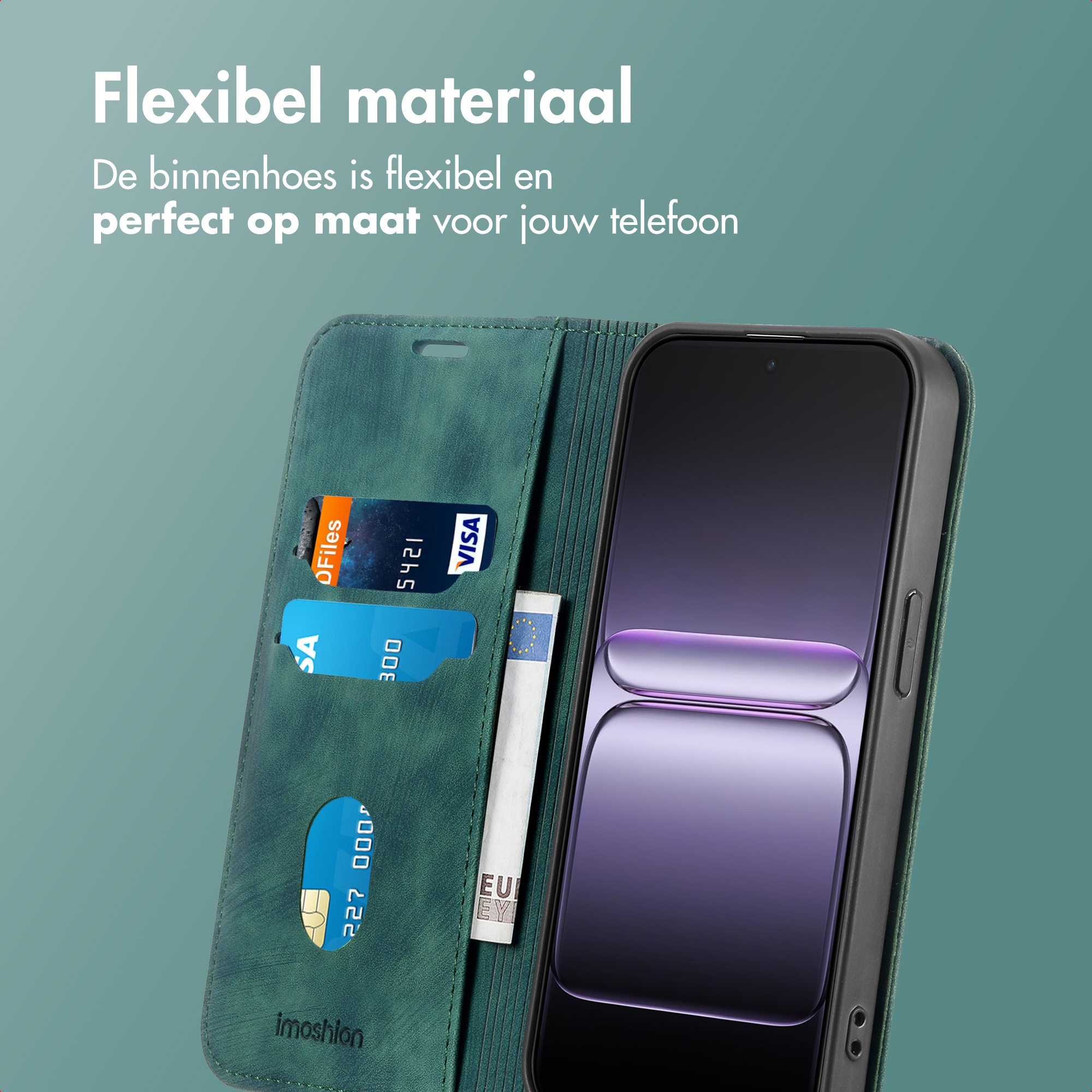 Groene telefoonhoes met telefoon, kaarten en eurobiljet. Tekst: 'Flexibel materiaal'.