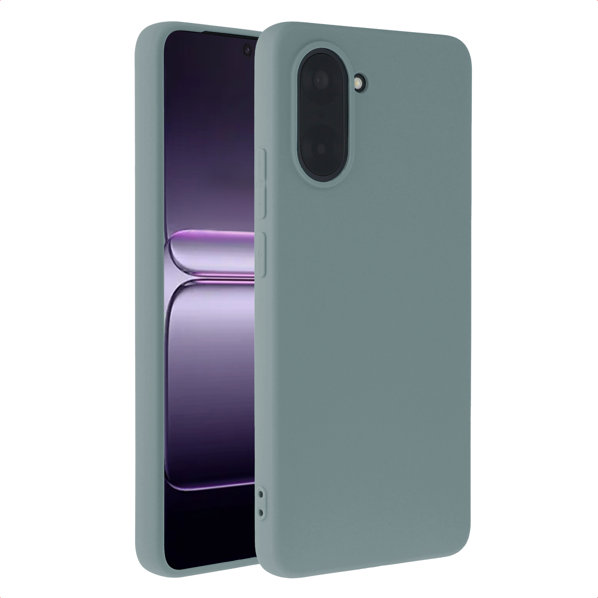 Een smartphone in een teal hoesje. Het scherm toont een paarse gradiënt. Witte achtergrond.