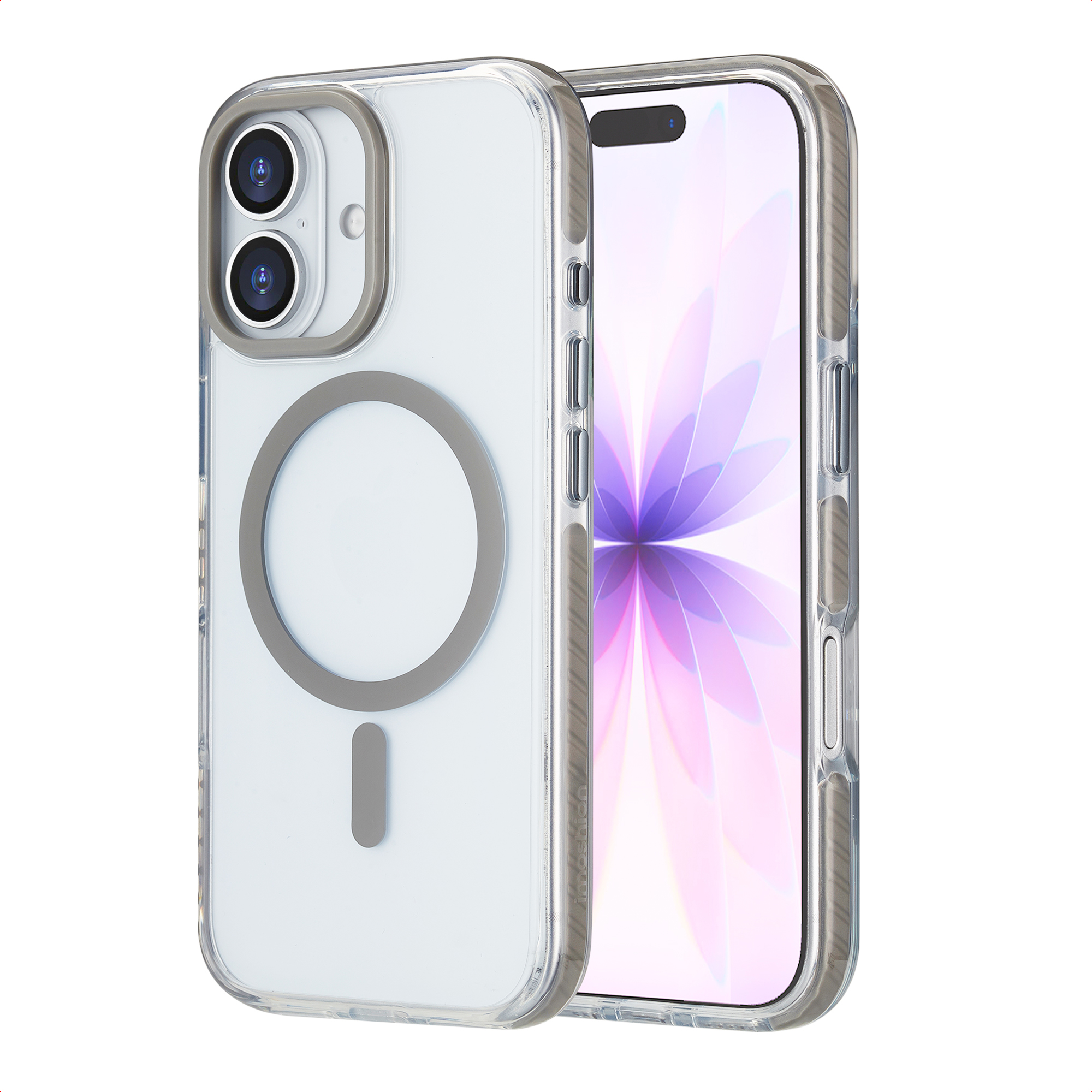 Custodia trasparente con telefono. La custodia ha un anello grigio e un rettangolo grigio.